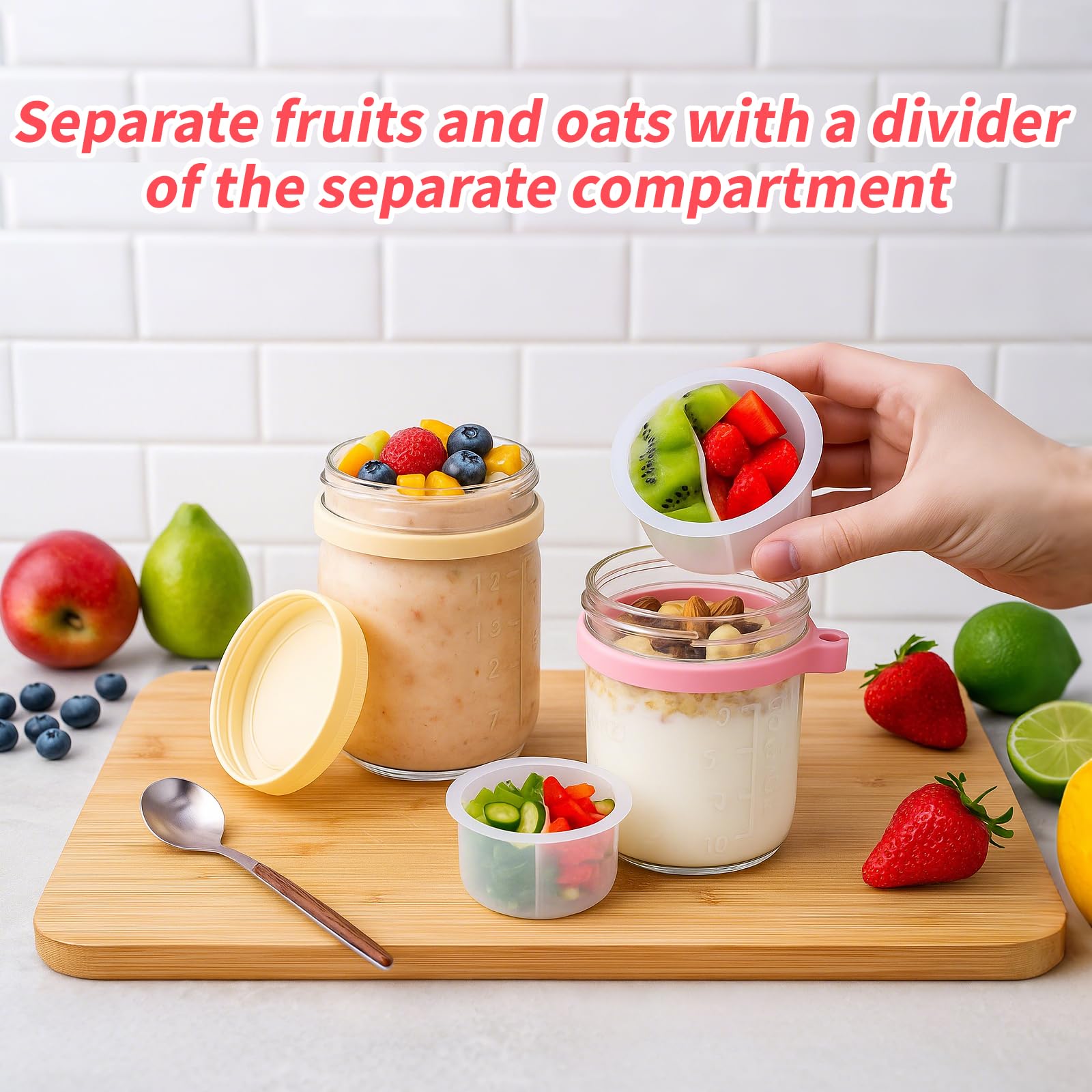 6 Packs Overnight Oats Containers with Lids, 16 Oz Glass Mason Jars with Spoons and Removable Separate Compartments Large Airtight Overnight Oats Jars for Milk Yogurt Fruit
