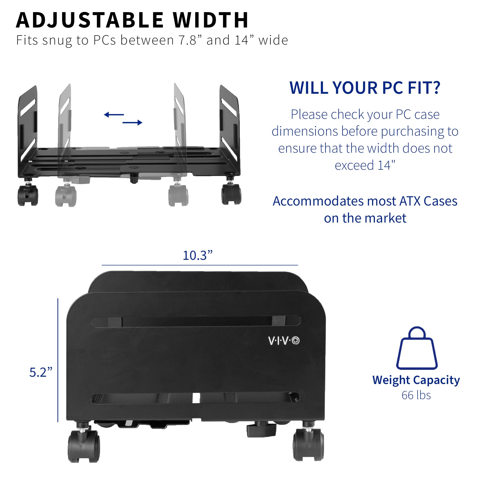 VIVO Large Computer Tower Desktop ATX-Case, CPU Steel Rolling Stand, 20cm to 36cm Wide Adjustable Mobile Cart Holder with Locking Caster Wheels, Gaming PC Holder, Black, CART-PC01L