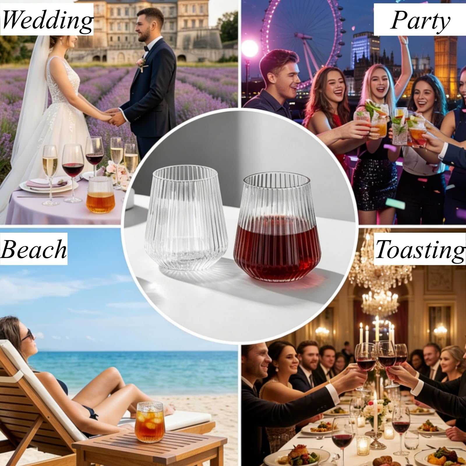 Tebery 20 Pack Plastic Ribbed Wine Glasses, 12 Oz Unbreakable Stemless Cocktail Cups for Party, Reusable Origami Style Ridged Drinking Tumbler for Champagne Catering Wedding Picnic Bar