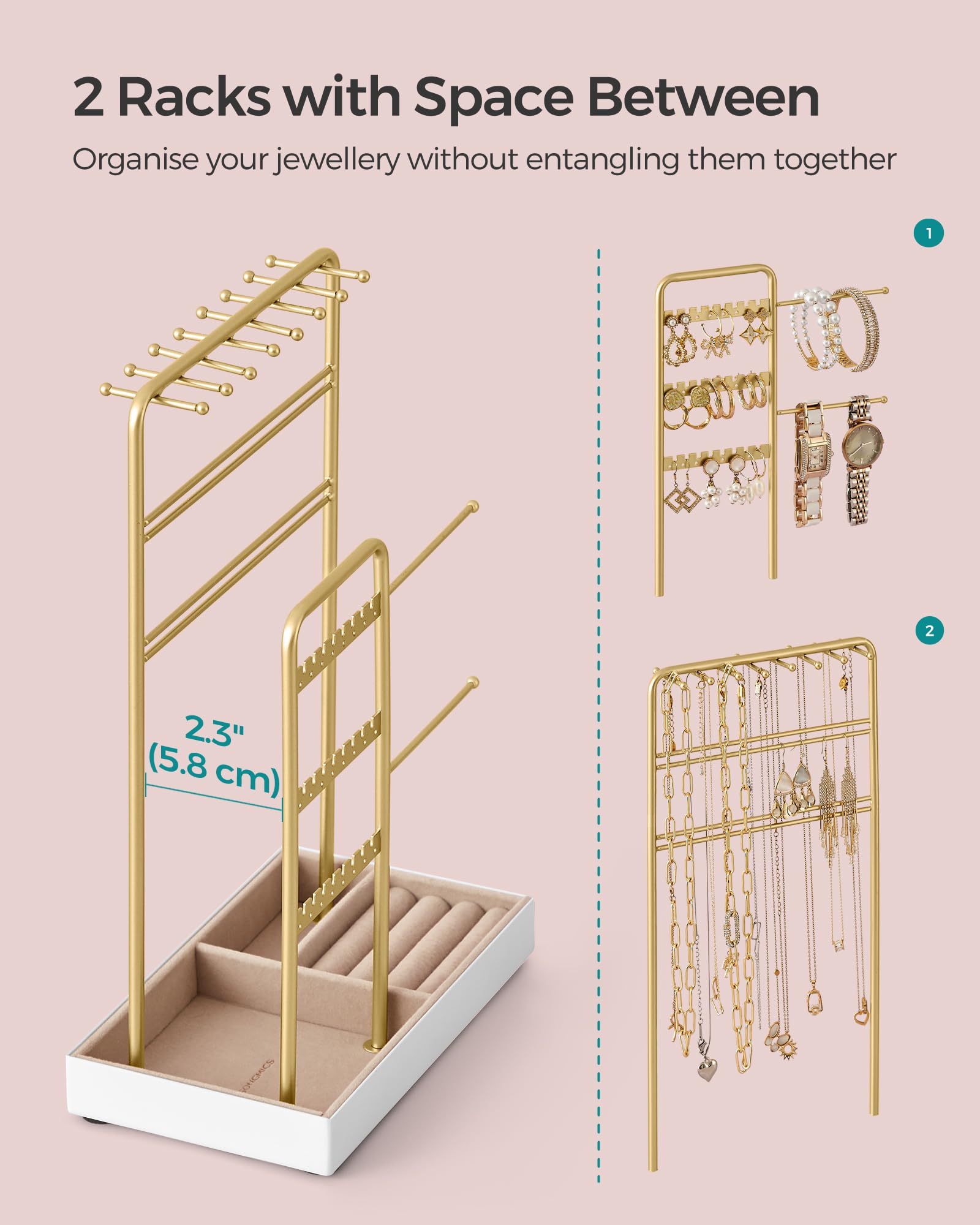 SONGMICS Jewelry Holder, Jewelry Organizer, Jewelry Display Stand with Metal Frame, Pale Gold UJJS021A01