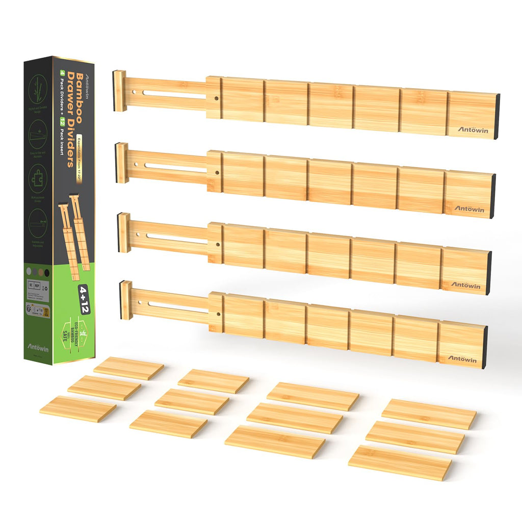 ANTOWIN 4 Pack Expandable Drawer Dividers, 2.2'' High, Extend from 17'' to 22'', Dresser Drawer Organizers, Bamboo Separators for Kitchen, Bedroom, Office, with 12 Pack Divider Inserts (Natural)