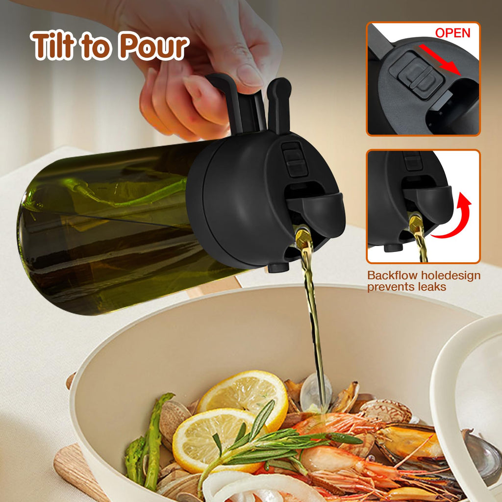 YARRAMATE 2PCS 16oz/470ml 2 in 1 Light Blockage Dark Oil Sprayer for Cooking, Food-Grade Green Glass Olive Oil Dispenser Bottle for Kitchen, Air Fryer, BBQ (Black & Green)