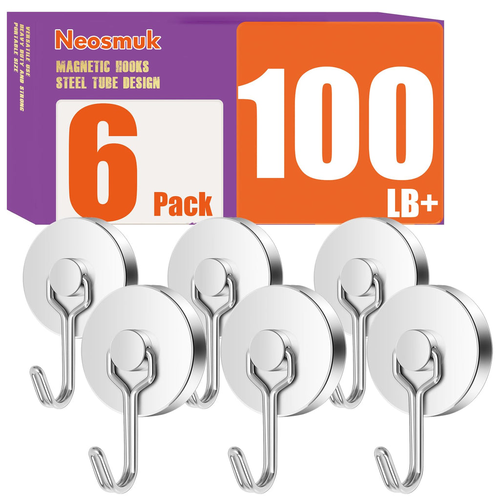 Neosmuk Magnetic Hooks,120lb Heavy Duty Earth Magnets with Swing Hook for Refrigerator, Extra Strong Cruise Hook for Hanging, Magnetic Hanger for Cabins, Grill(Silvery,6 Pack)