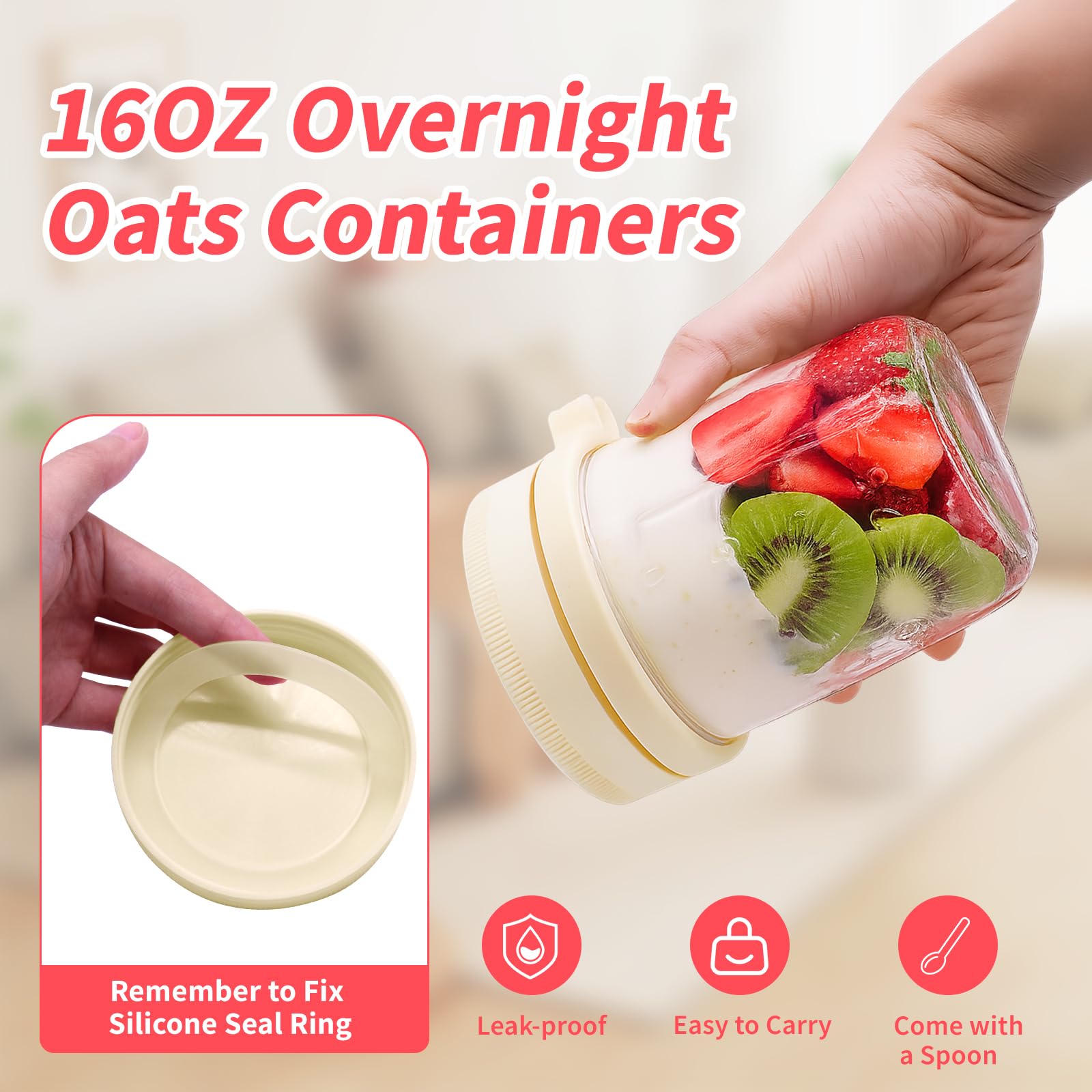 6 Packs Overnight Oats Containers with Lids, 16 Oz Glass Mason Jars with Spoons and Removable Separate Compartments Large Airtight Overnight Oats Jars for Milk Yogurt Fruit