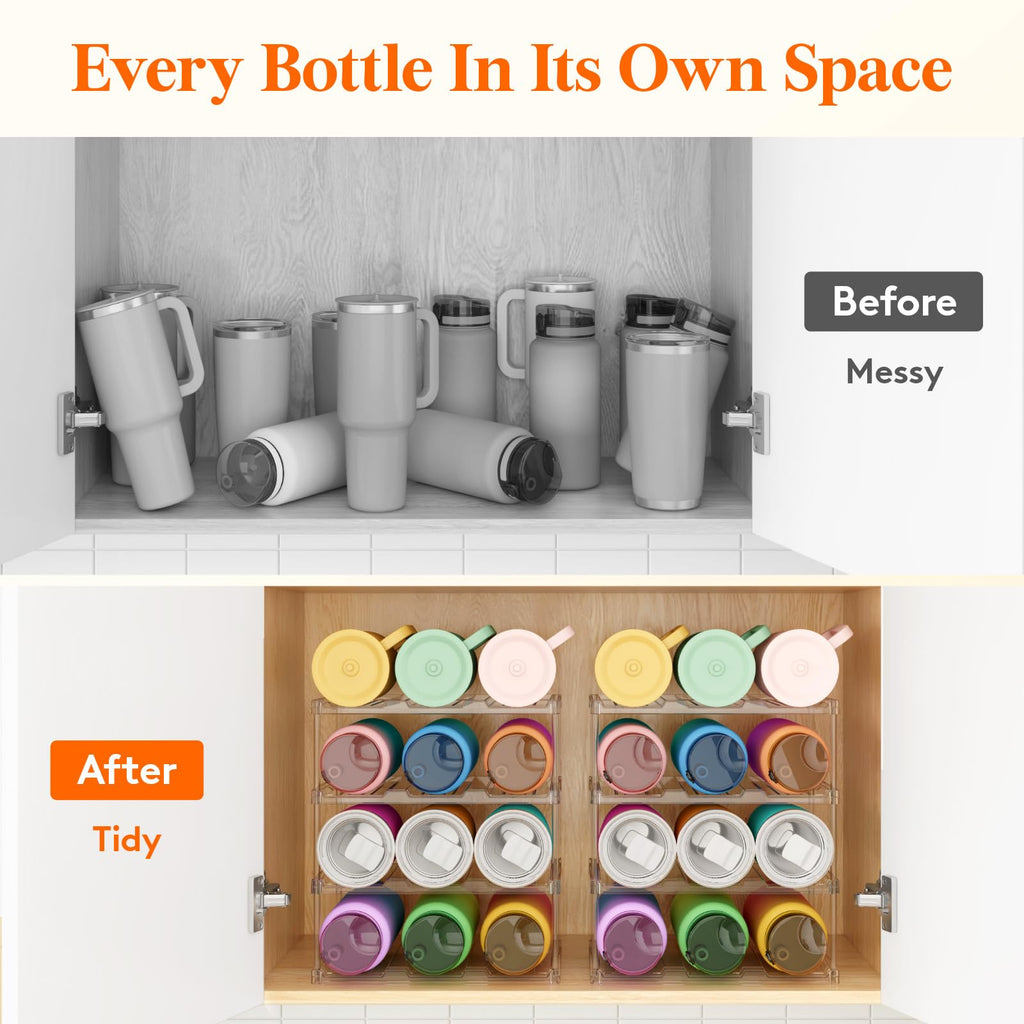 Lifewit Stackable Water Bottle Organizer for Cupboard, Freezer, Pantry, Plastic Bottle Holder for Kitchen Worktop, Cabinet, Desk, 4 Tier for 12 Bottles