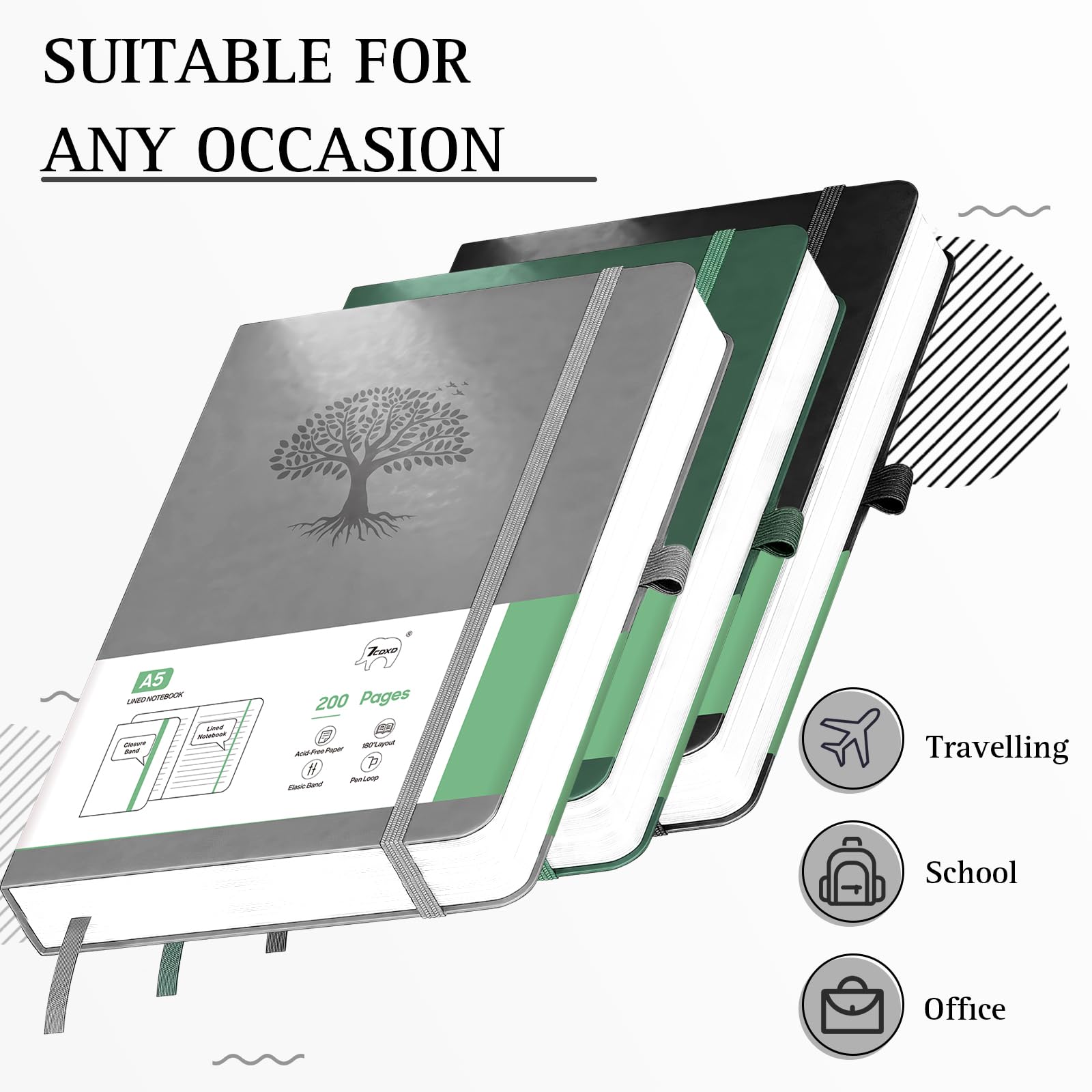 3 Pack Notebook for Work, Leather Journal for Women Men, A5 College Ruled Journal Notebook, Hardcover Notebooks with Pens,100GSM Paper, Office Supplies(Grey & Black & Green)