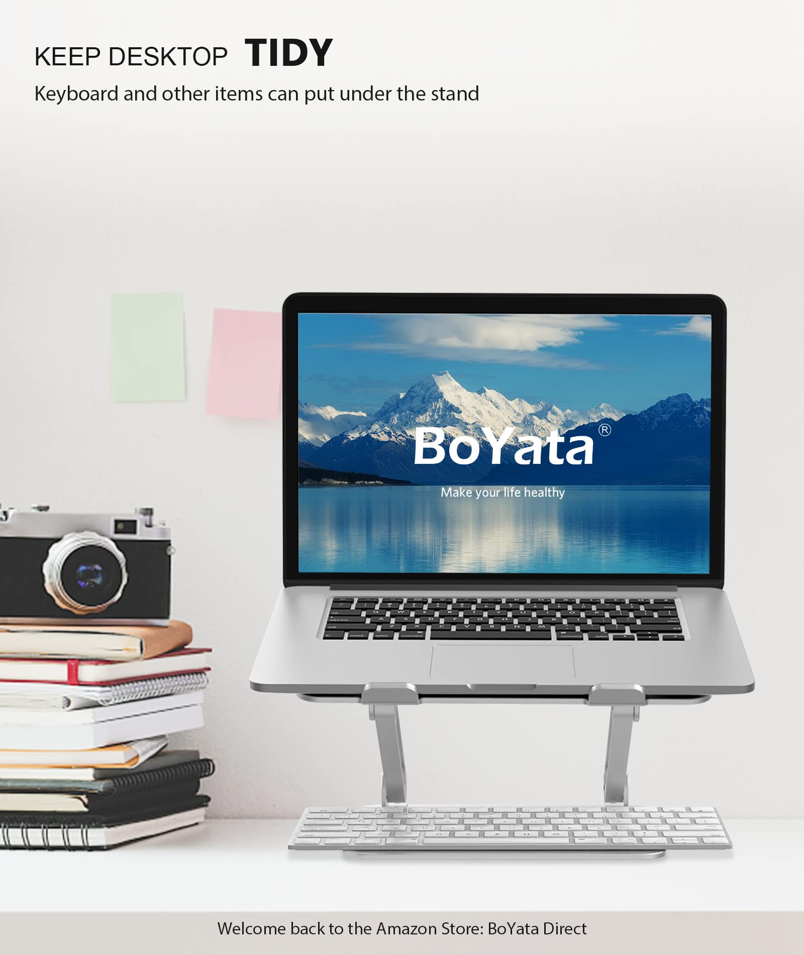 Laptop Stand, BoYata Laptop Holder, Multi-Angle Stand with Heat-Vent to Elevate Laptop, Adjustable Notebook Stand for Laptop up to 17", Compatible for MacBook Pro/Air, Surface Laptop and so on-Silver