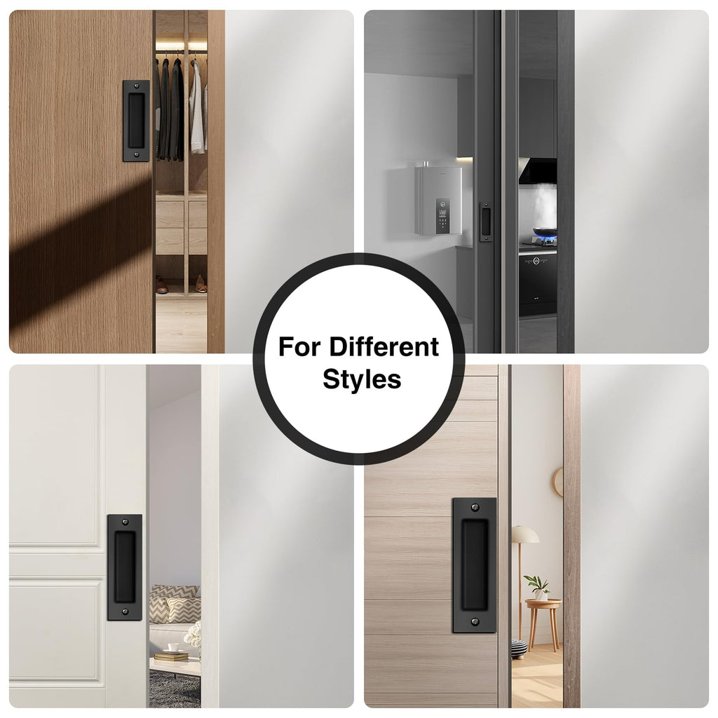 Sliding Barn Door Handle Set | 6 Inch Finger Flush Pulls for Closet Pocket & Cabinets Doors | Pull Recessed Handle Rectangular Plate | Matte Black Finish | Mounting Hardware Included