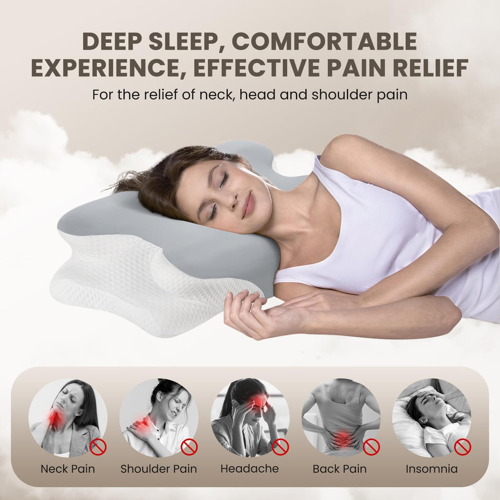 JINXIA Cervical Neck Pillows for Neck and Shoulder Pain Relief, Contour Memory Foam Pillow with Cooling Silk Case, Sleeping Cooling Neck Support Pillow, Back & Stomach Sleepers, White & Gray