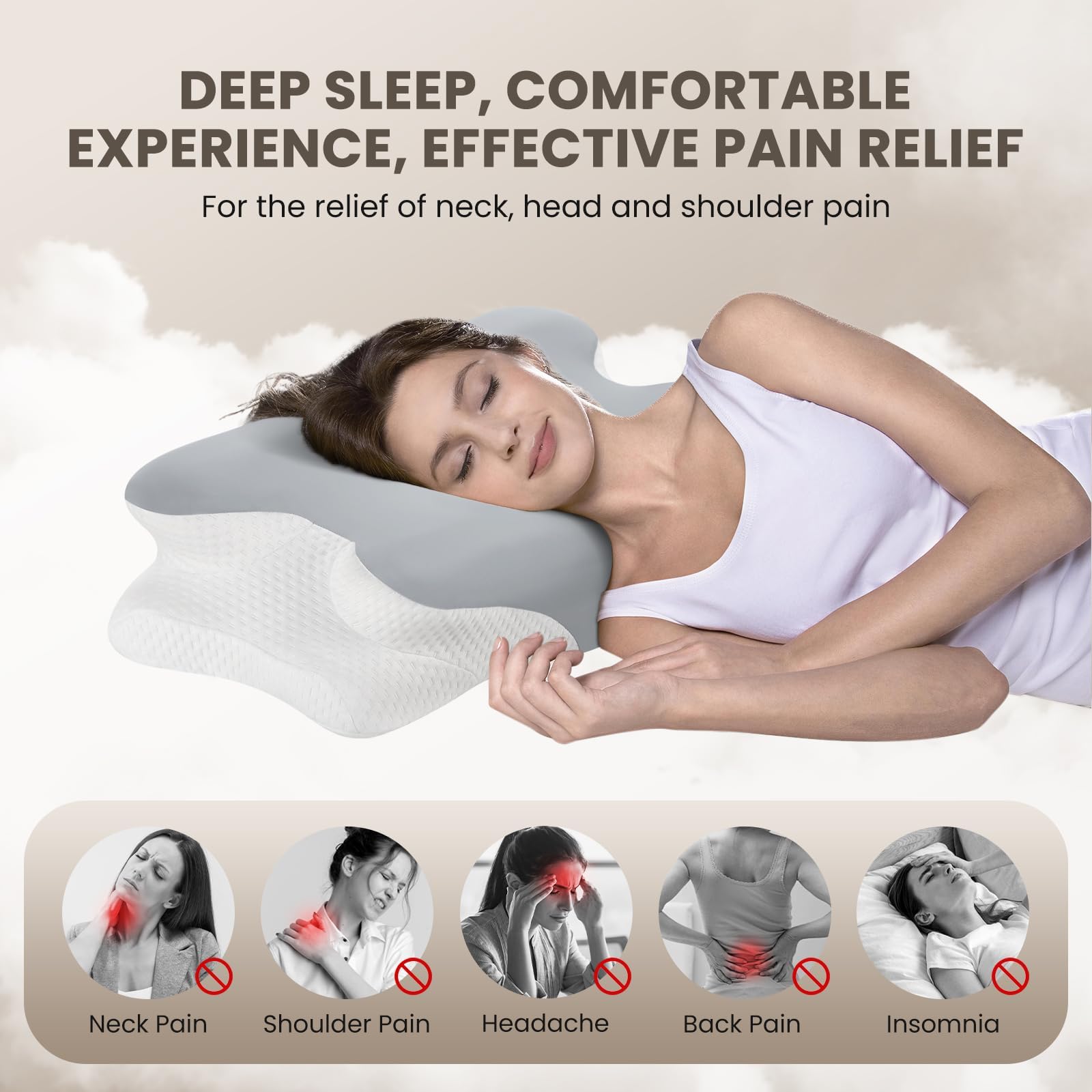 JINXIA Cervical Neck Pillows for Neck and Shoulder Pain Relief, Contour Memory Foam Pillow with Cooling Silk Case, Sleeping Cooling Neck Support Pillow, Back & Stomach Sleepers, White & Gray