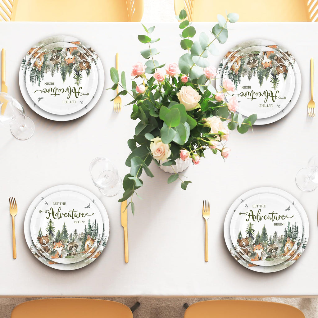 Whaline 72Pcs Adventure Awaits Party Supplies - Baby Shower Plates & Napkins - Woodland Animals Pattern - Disposable Tableware - 24 Guests - Paper Material - Casual Nature-Inspired Style