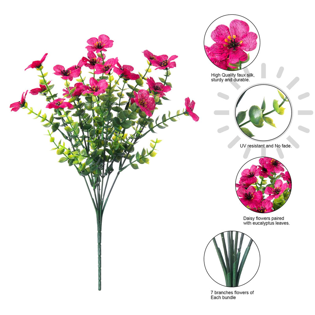 HyeFlora Artificial Flowers for Outdoor Indoor Garden Home Decoration, Faux Flower Daisy with Eucalyptus Leaves Fake Plants Greenery Boxwood Porch Patio, 12 Bundles (Rose Red)