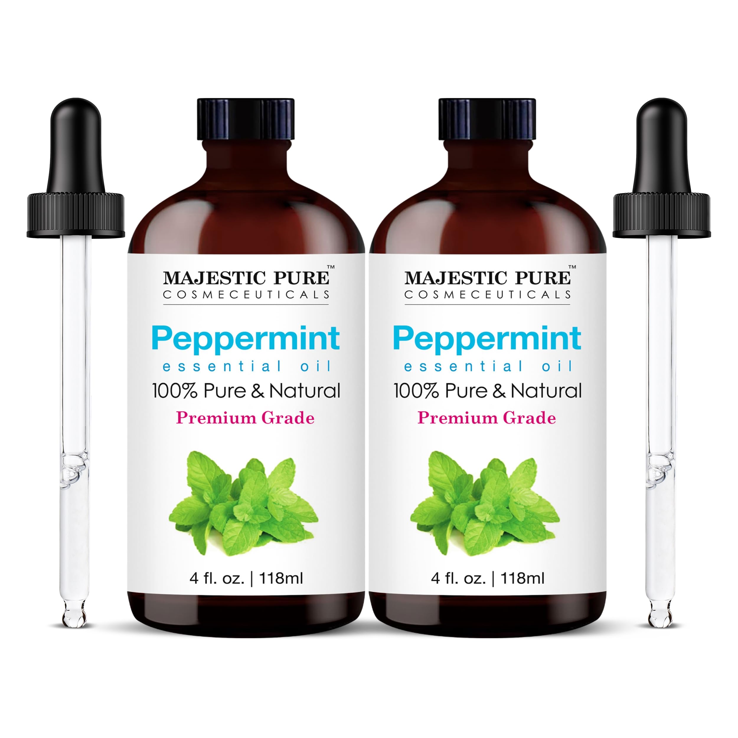Majestic Pure Peppermint Essential Oil - Huge 118 ml (Set of 2) - 100% Pure and Natural Oil for Soap Making Scent- Premium Grade with Glass Dropper