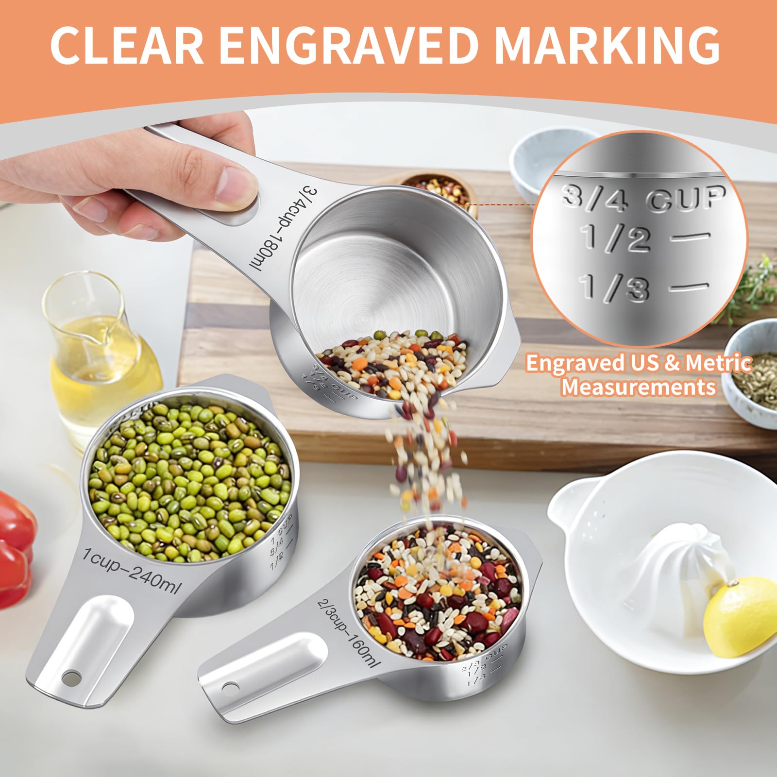 Measuring Cups and Spoons Set of 20, 7 Stainless Steel Nesting Measuring Cups, 1 + Leveler and 5 Mini Measuring Spoons, Measuring Spoons and Cups for Cooking and Baking