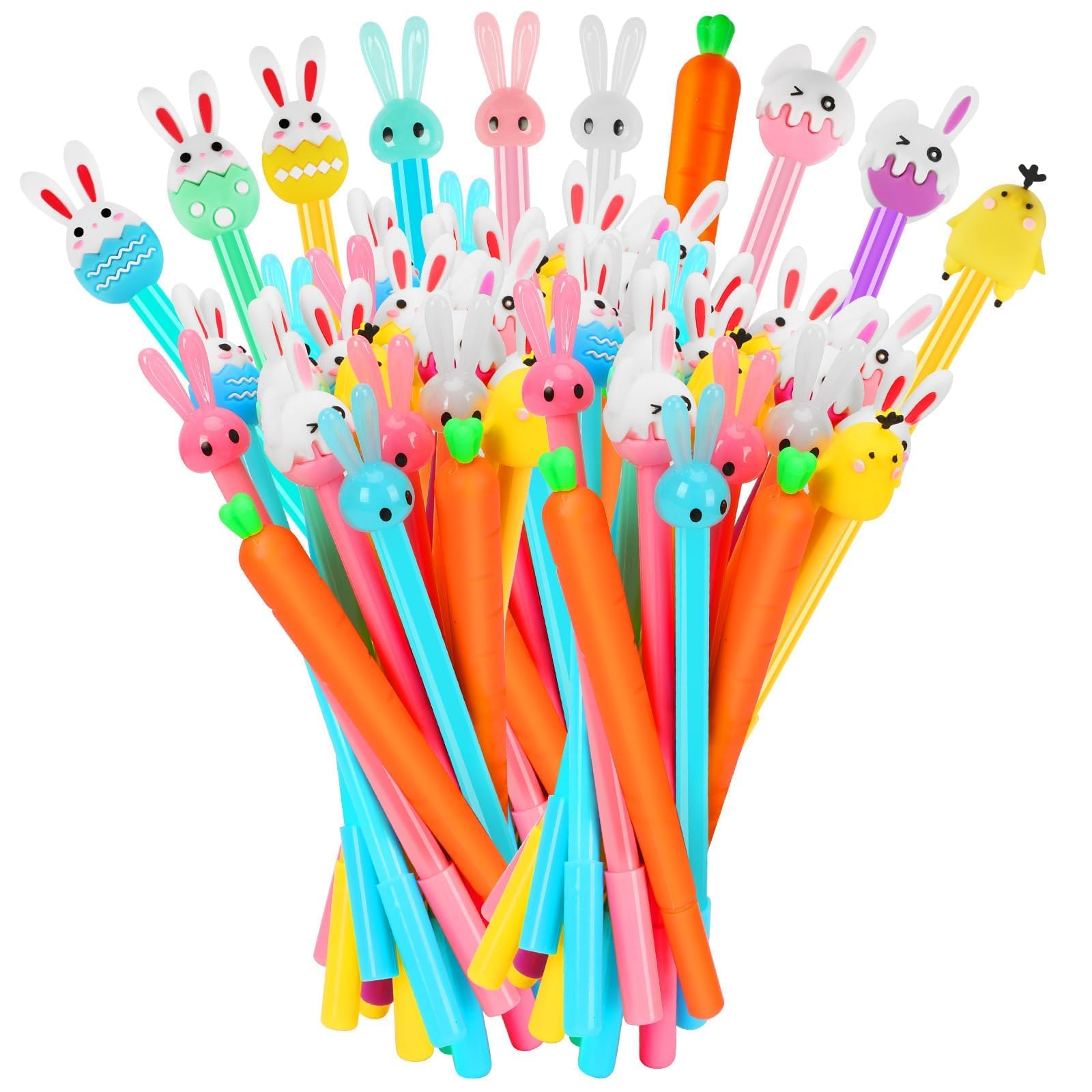 50 Pcs Easter Pens Cartoon Bunny Rabbit Carrot Pen,Gel Ink RollerBall Pens Bulk Cute Funny Novelty Writing Pen for Gift School Office Home Supplies