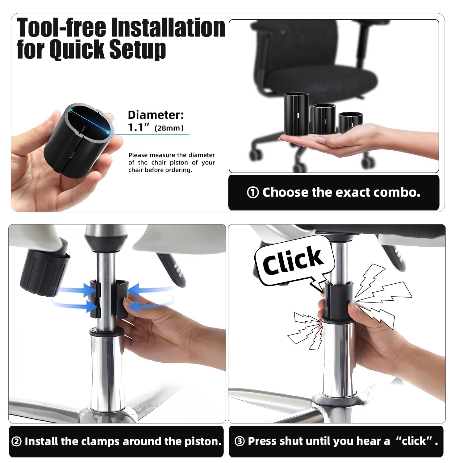 Fix Sinking Office Chair, 4 Pieces Plastic Clamps for Stop Sinking, Office Chair Cylinder Replacement, Hydraulic Cylinder Stops, No Hydraulic Lift or Tools Required, Easy to Install, Universal Fit