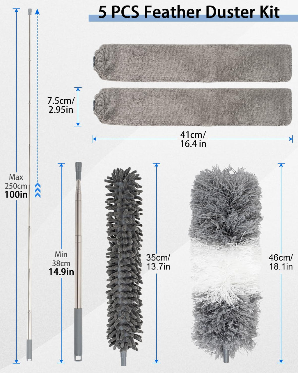 5 PCS Dusters for Cleaning, Extendable Duster Set with 100'' Telescopic Pole, Microfiber Feather Duster, Chenille Duster, Flat Dusting Pads for High Ceilings Fans Blinds, Furniture Cleaning Supplies