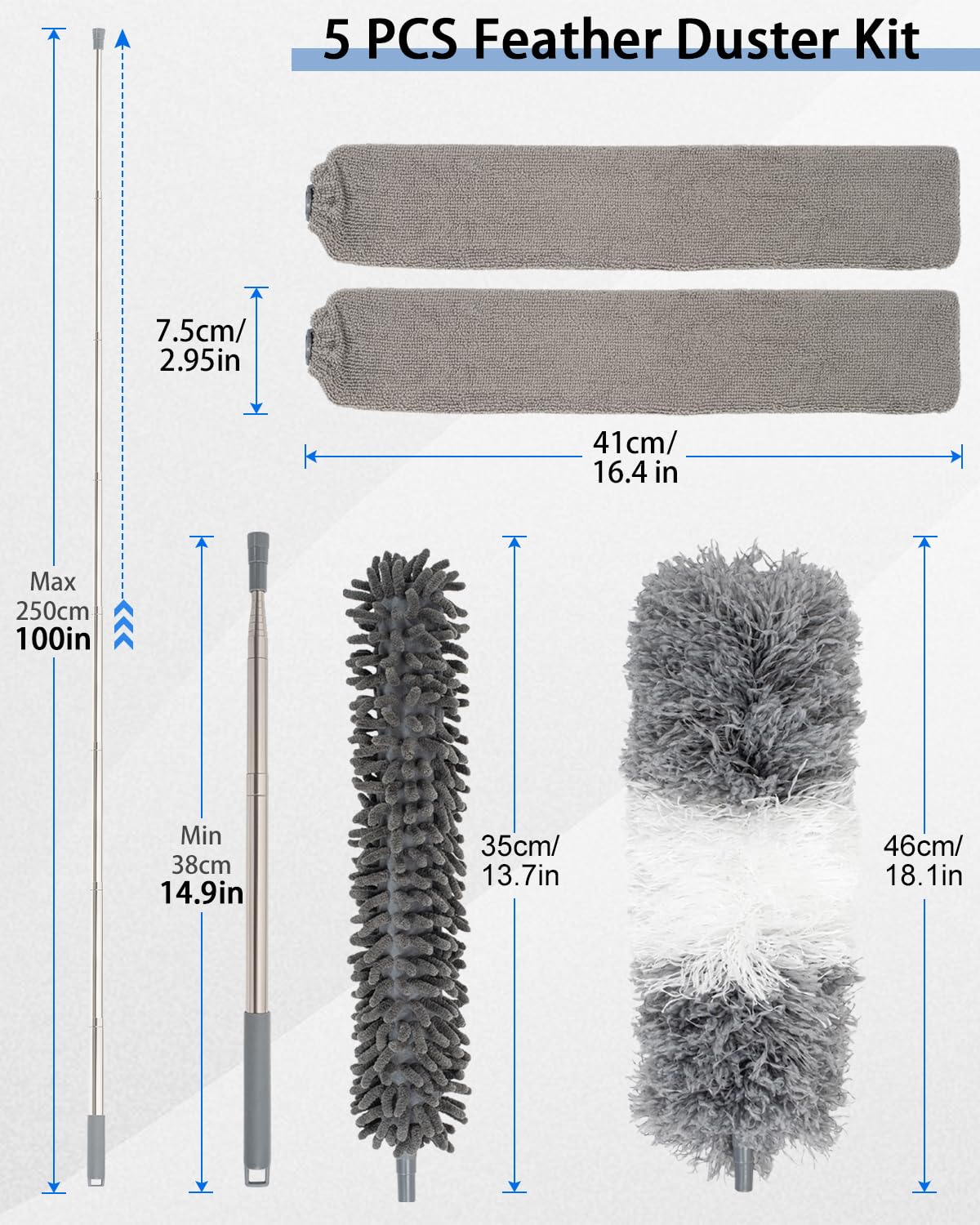 5 PCS Dusters for Cleaning, Extendable Duster Set with 100'' Telescopic Pole, Microfiber Feather Duster, Chenille Duster, Flat Dusting Pads for High Ceilings Fans Blinds, Furniture Cleaning Supplies