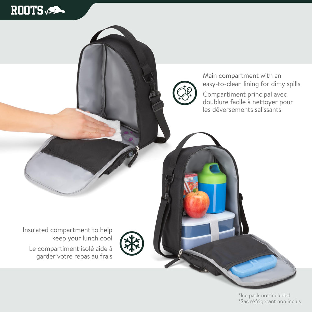 Roots Insulated Lunch Bag – Made from Recycled Polyester, with Exterior ID Label, Adjustable Shoulder Strap & 2 Zippered Compartments – 7L, Black