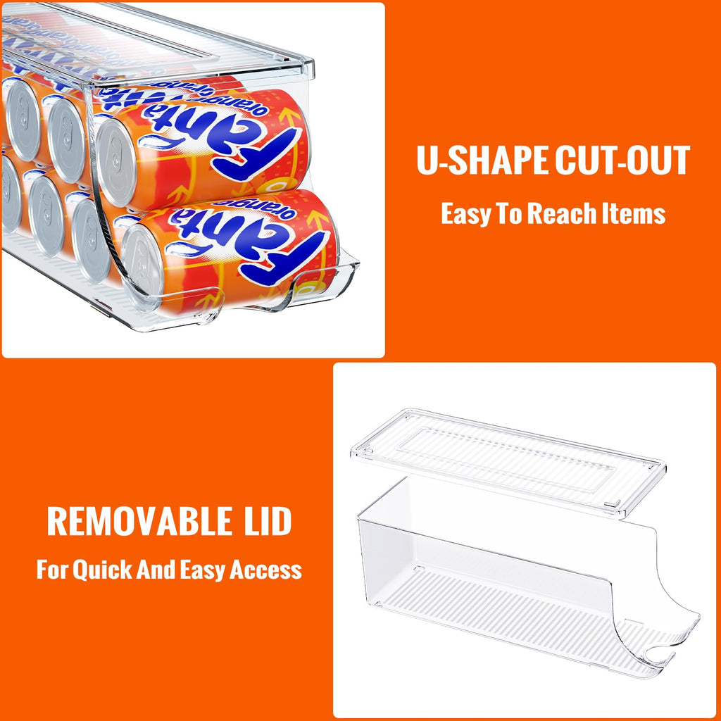 SCAVATA Soda Can Organizer for Refrigerator, Stackable Canned Food Pop Cans Container Can Holder Dispenser with Lid for Fridge Rack Freezer, Clear Storage Bins-Holds 12 Cans Each (2 Pack)