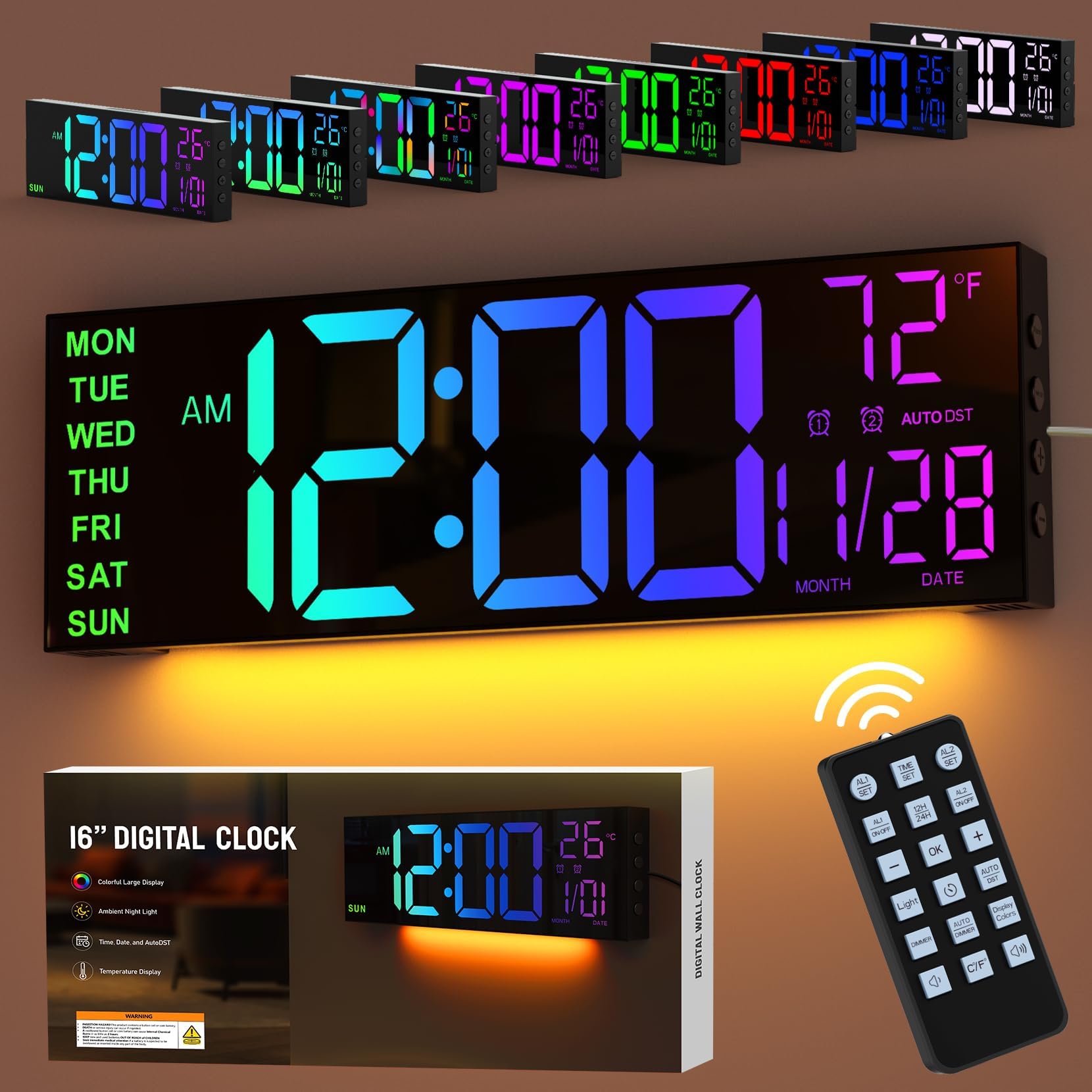 GOLOZA 16" Large Digital Wall Clock, Led Clock with Remote Control, Dual Alarms, 10 Brightness Dimmer, 8 Colors, 5 Volume, Auto DST, ℃/℉, Timer, Alarm Clocks Bedside for Heavy Sleepers