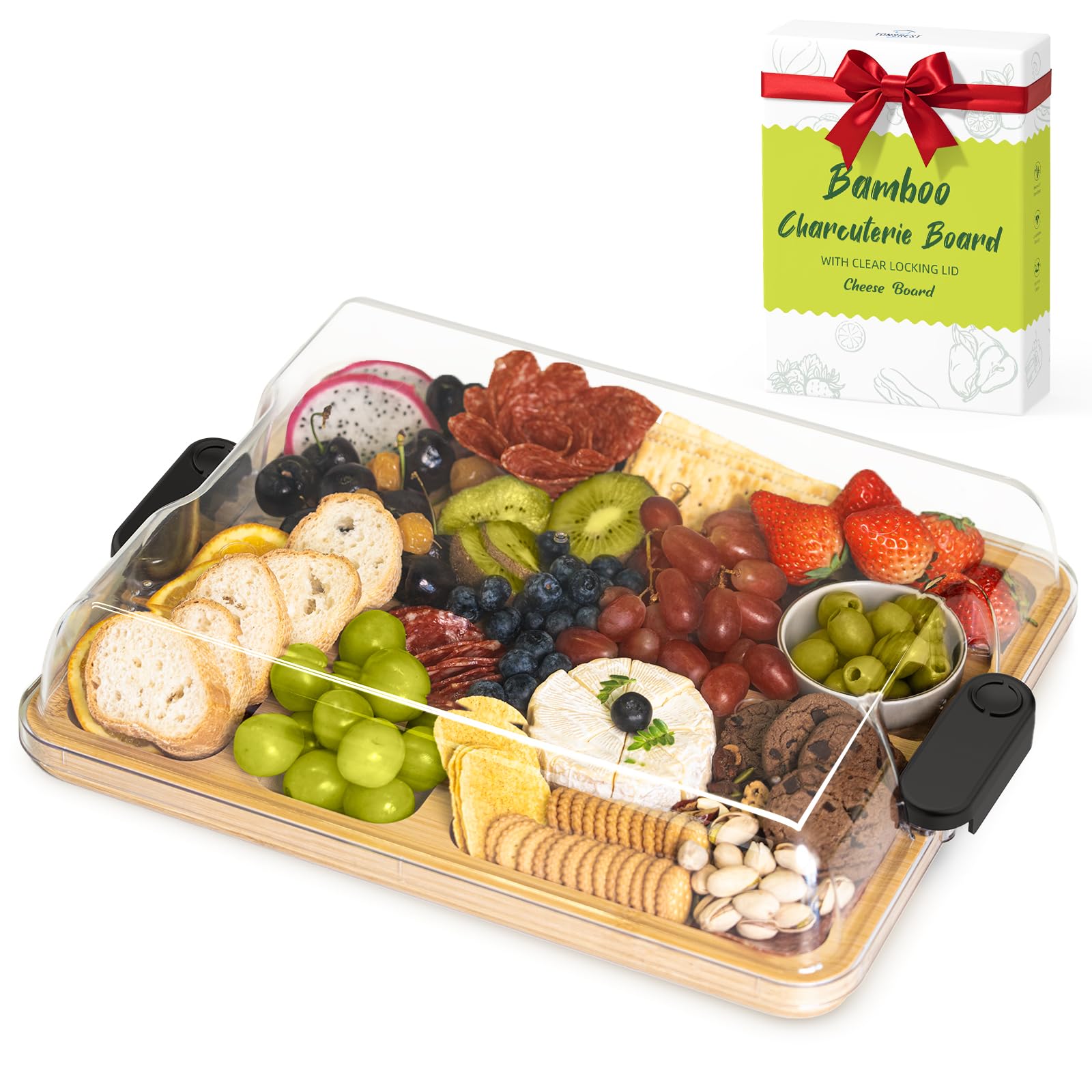 2-in-1 Charcuterie Board with Lid, Large Cutting Board for Kitchen, Travel Portable Bamboo Cheese Board, Covered Serving Tray, House Warming Birthday Gifts for Women Men Mom Dad