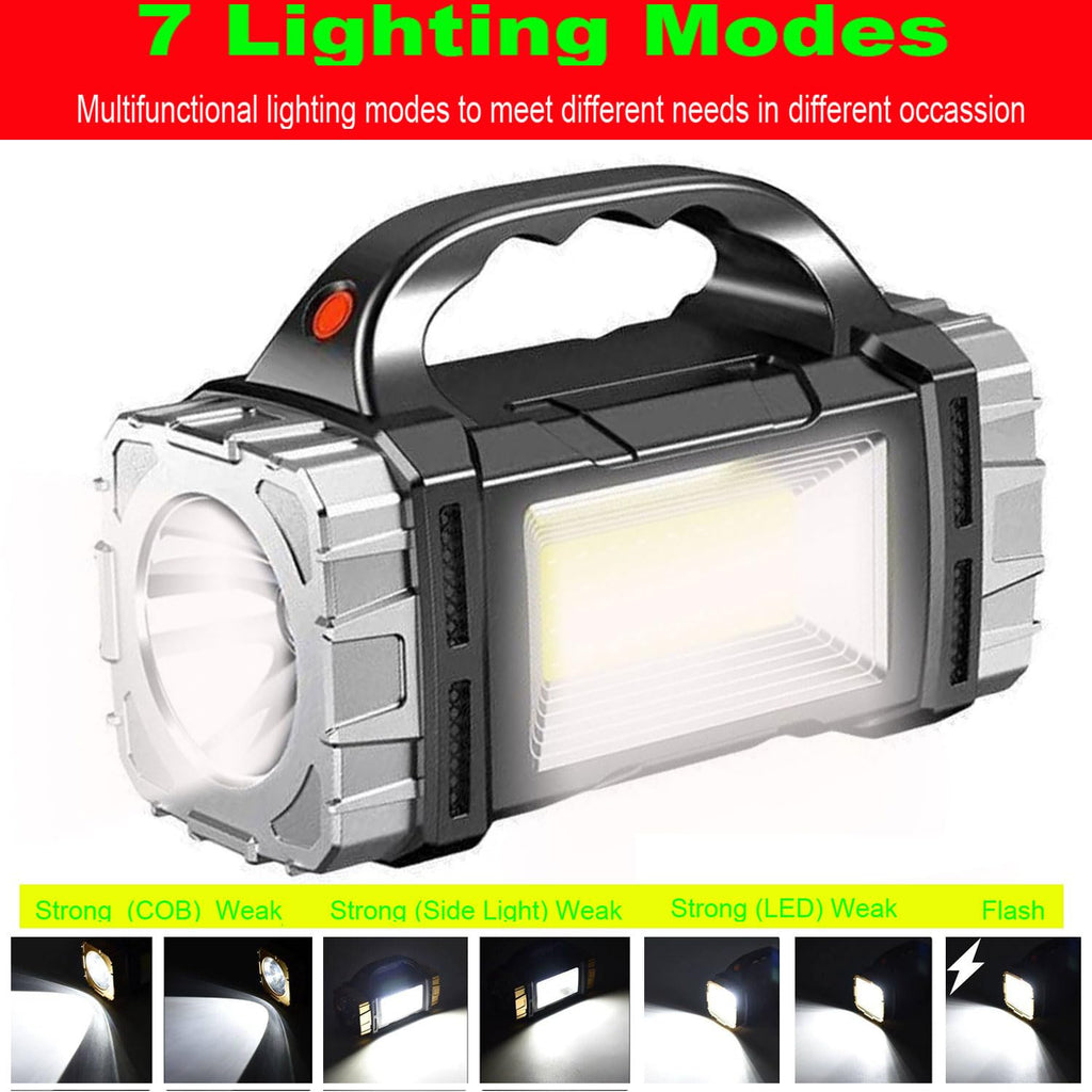 Solar Rechargeable LED Spotlight Searchlights, Super Bright 7000LM Handheld LED Searchlight, Multi-Functional Portable Lamp Camping Lantern Flashlight, 8 Light Modes, IPX4 Waterproof
