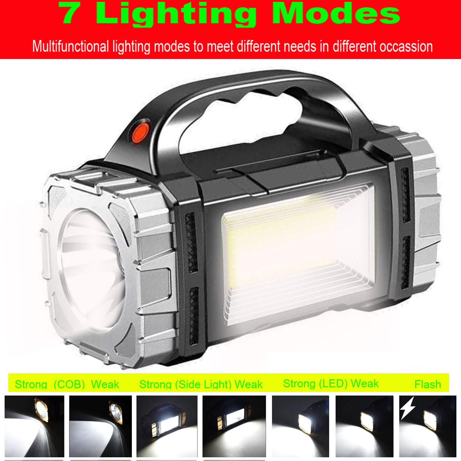 Solar Rechargeable LED Spotlight Searchlights, Super Bright 7000LM Handheld LED Searchlight, Multi-Functional Portable Lamp Camping Lantern Flashlight, 8 Light Modes, IPX4 Waterproof