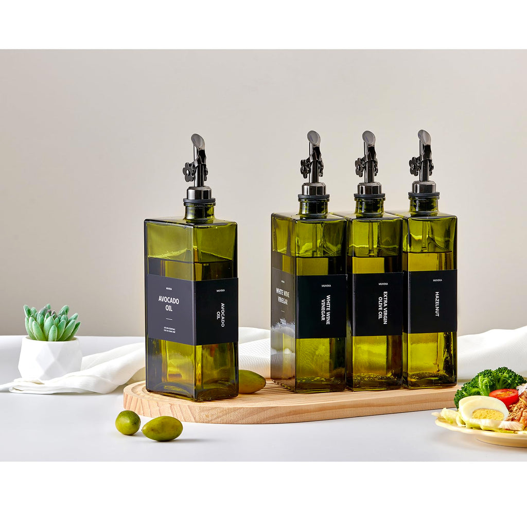 Olive Oil Dispenser Bottle for Kitchen, 16.9oz /500ml Cooking Vinegar Dispenser Bottle Set, Glass Sauce Container, Labels, Brush, Funnel, Stoppers, Green for Oil, Wine