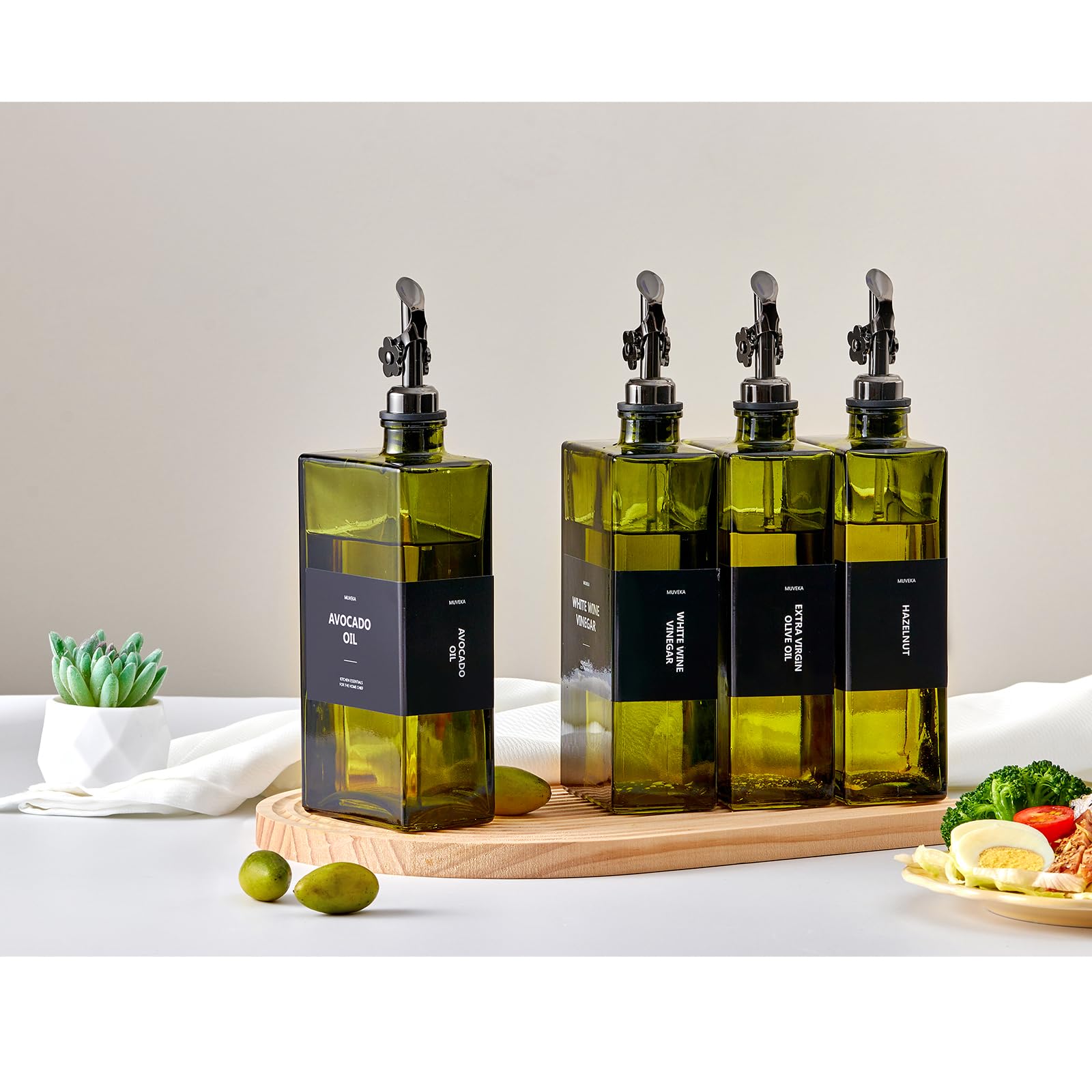 Olive Oil Dispenser Bottle for Kitchen, 16.9oz /500ml Cooking Vinegar Dispenser Bottle Set, Glass Sauce Container, Labels, Brush, Funnel, Stoppers, Green for Oil, Wine