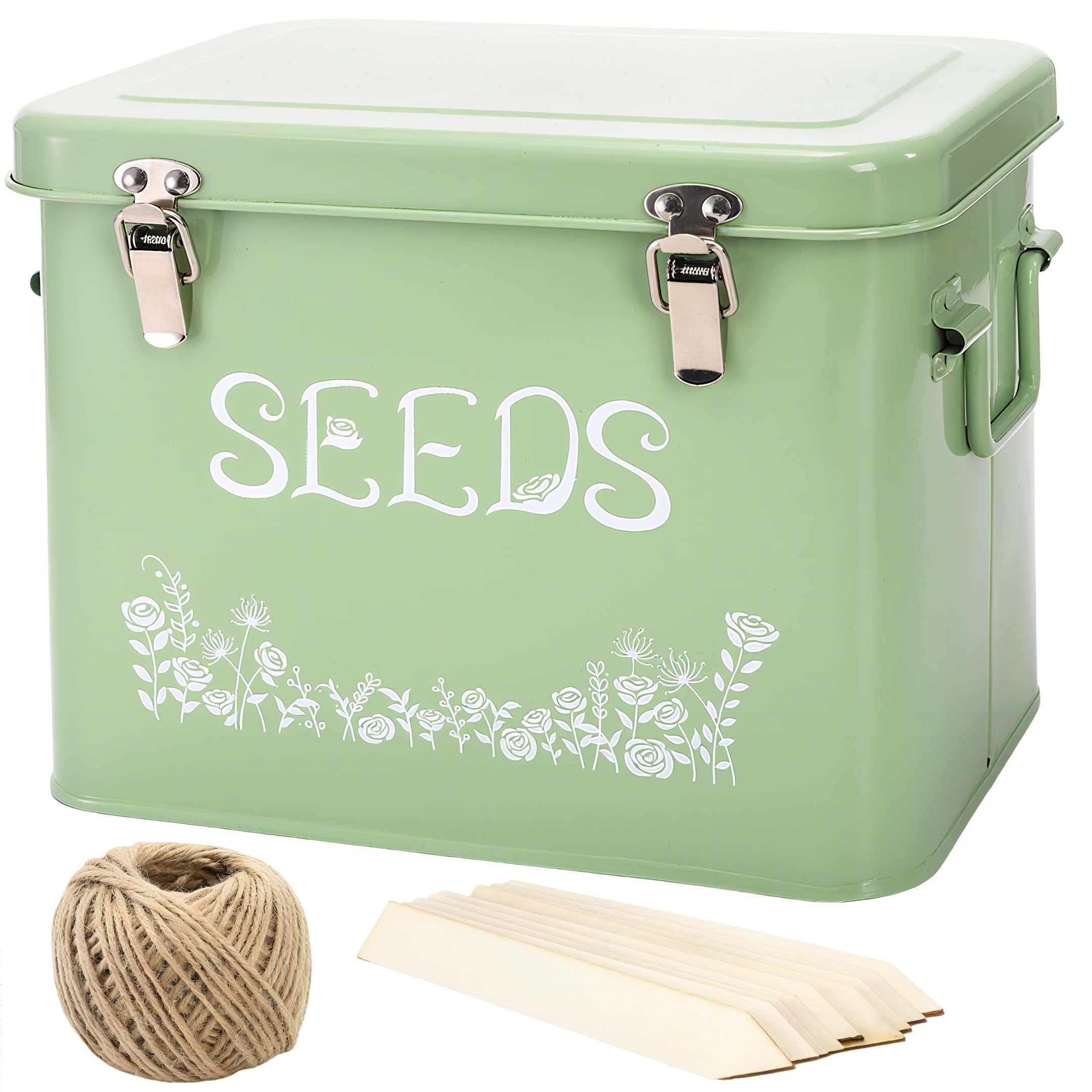 Covzoe Seed Storage Box, Metal Seed Packet Organizer with Garden String and 10 Wood Plant Labels, 3 Compartment Seed Saving Container with Lid, Seed Organizer Tin for Gardeners, Green