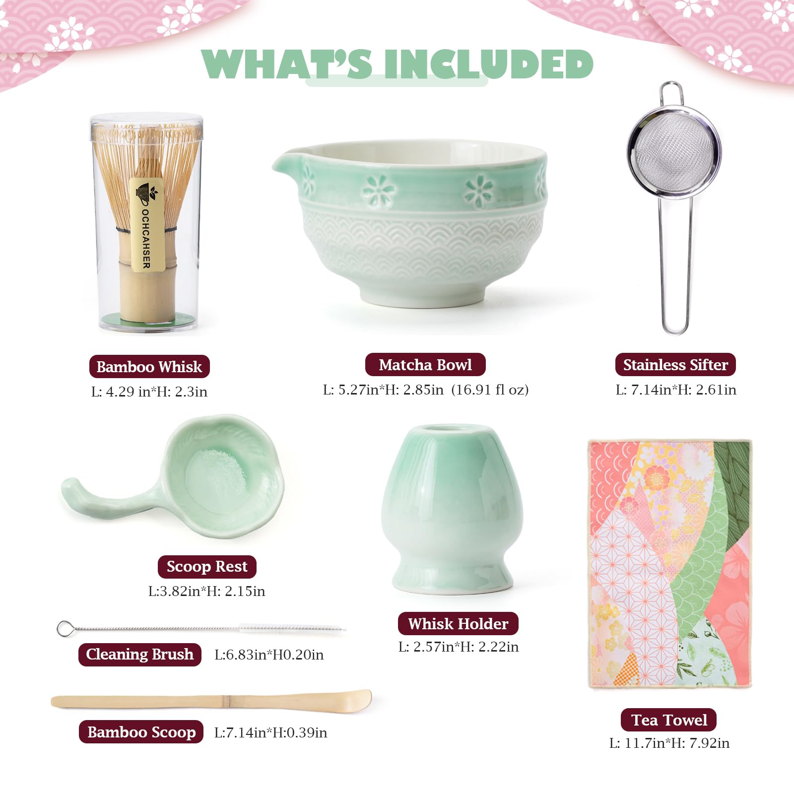 Matcha Tea Set, 8 Pcs Japanese Matcha Kit with Cherry Blossom and Wave Design Ceramic Bowl, Bamboo Whisk, Whisk Holder, Scoop, Sifter, Brush, Matcha Whisk Set for Matcha Lovers (Green Gradient)