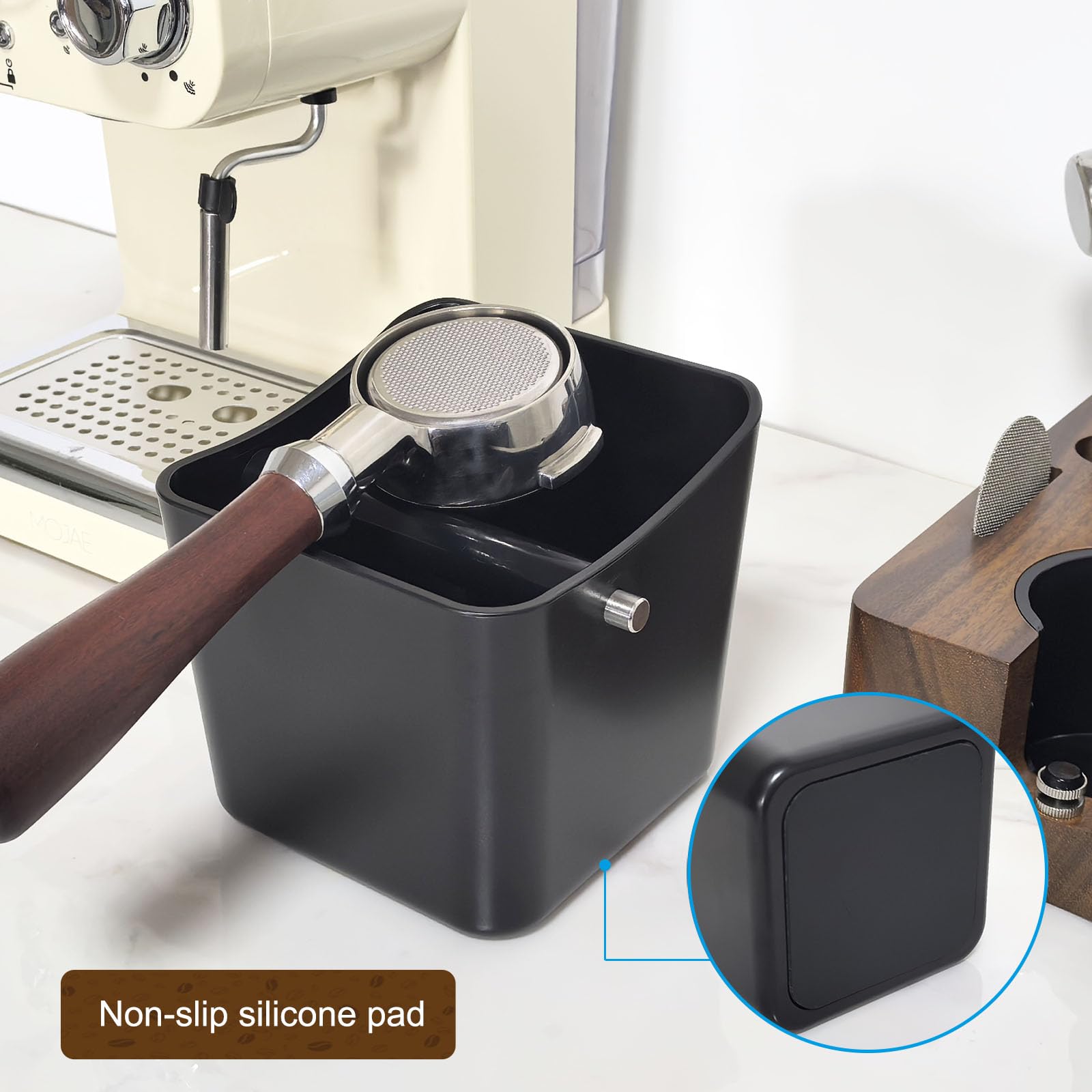 Espresso Knock Box,Coffee Grounds Pucks Knock Box,Coffee Knock Box with Removable Knock Bar and Non-Slip Rubber Base,Shock-Absorbent Durable Espresso Accessories (Black)