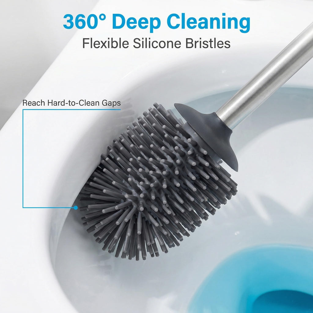 SOPRANNOMIN SUS304 Stainless Steel Toilet Brush and Holder Silicone Head TPE Soft Head Brosse Toilette Cleaning Brush for Bowl Bathroom Cleaning Brush Set Brosse de Toilette Brushed Silver