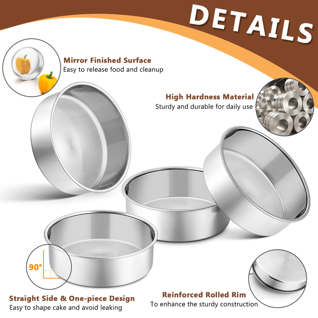 P&P Chef 6 Inch Cake Pans Set of 4, Round Baking Pan, Stainless Steel Birthday Wedding Metal Layer Cake Pans, Non Toxic & Healthy, Mirror Polished & Dishwasher Safe