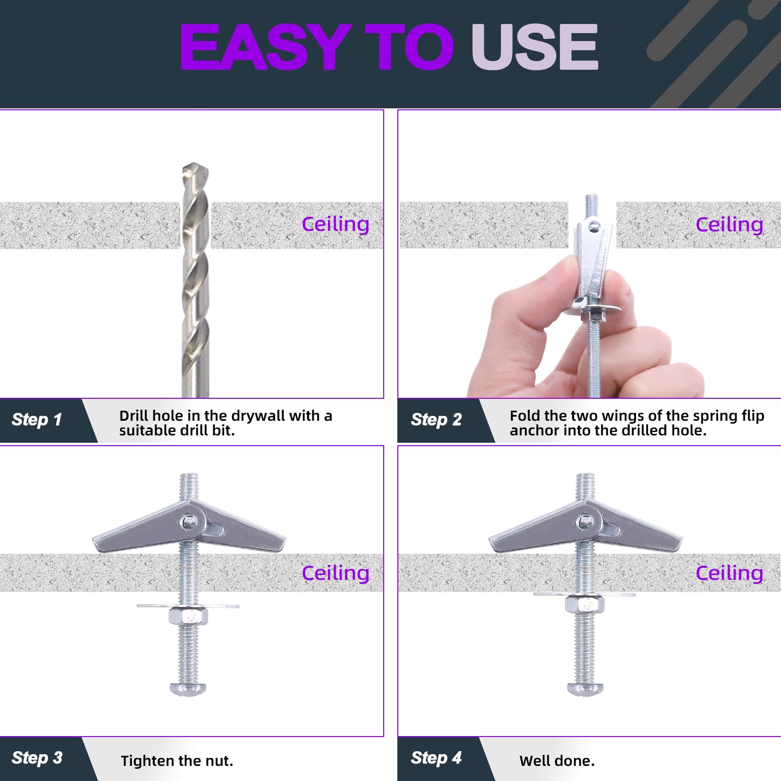 Swpeet 192Pcs Toggle Bolt Kit - 1/8", "3/16", "1/4 Inch - Carbon Steel - Butterfly Toggle Anchors for Drywall - Light-duty Applications