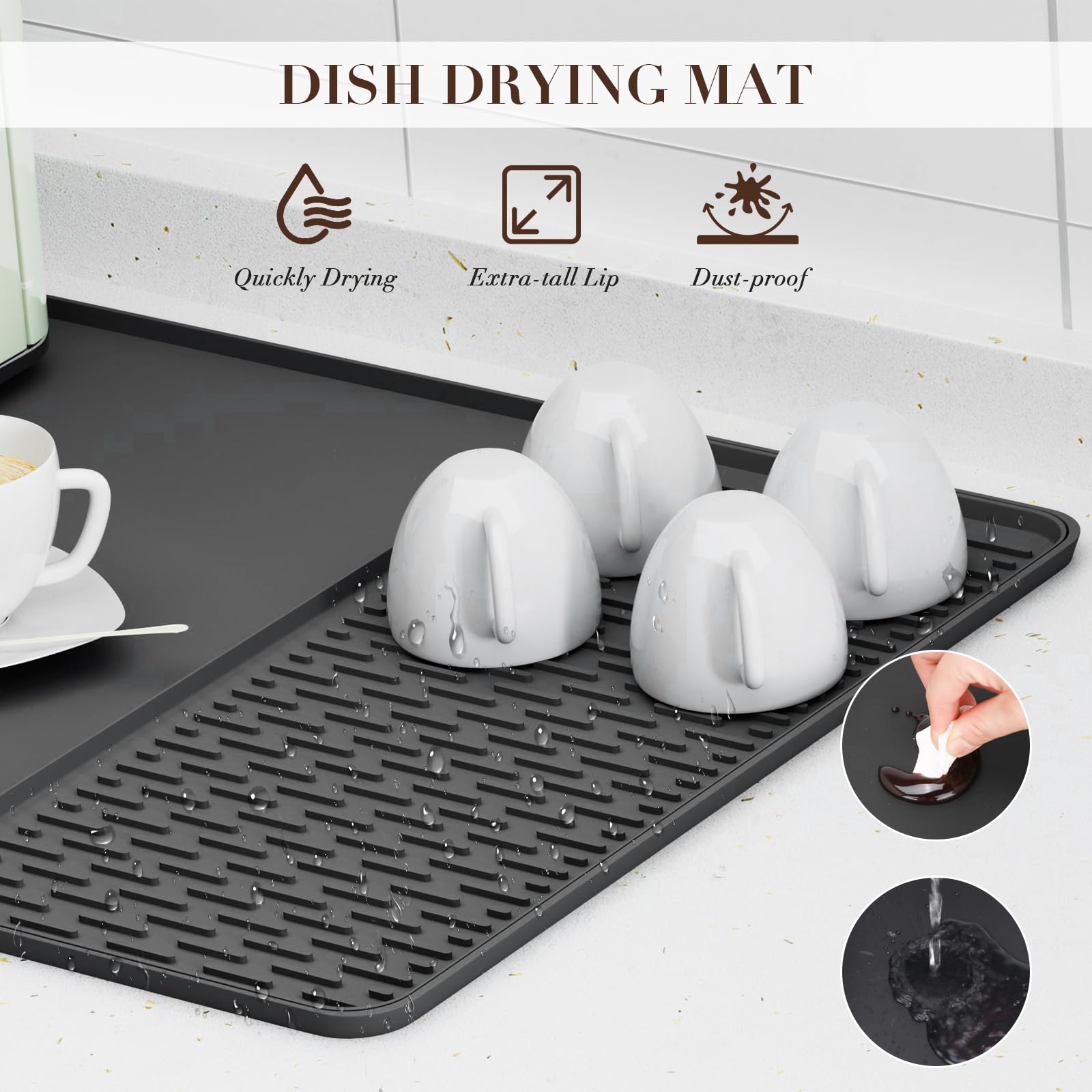 Silicone Coffee Mat,24''x16'' Coffee Bar Mat with Detachable Dish Drying Mat for Kitchen Countertops,Coffee Bar Accessories Fit Under Coffee Maker Coffee Machine Dish Rack (Black)