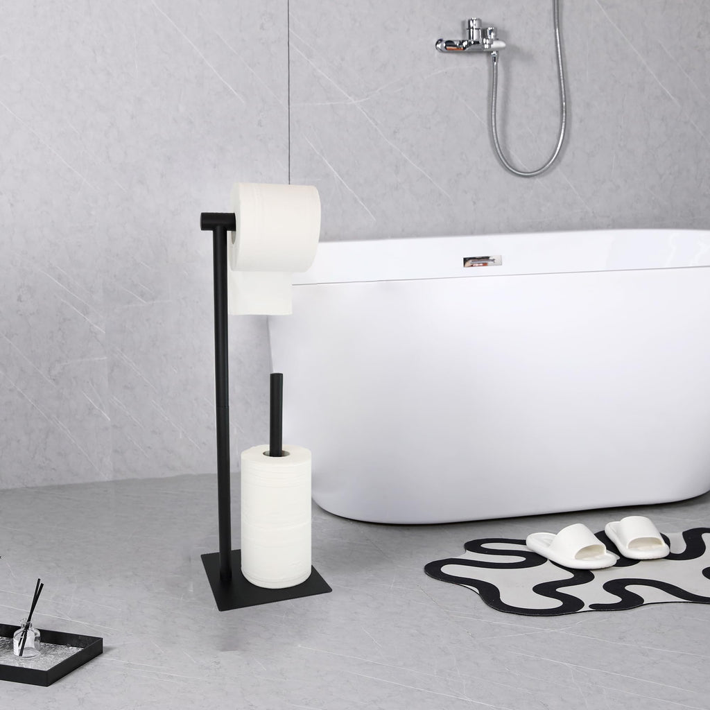 Toilet Paper Stand Black, Toilet Tissue Roll Holder Free Standing, Bath Toilet Paper Roll Standing Dispenser with Reserve, Toilet Tissue Organizer Stand with Heavy Base for Bathroom Washroom Lavatory