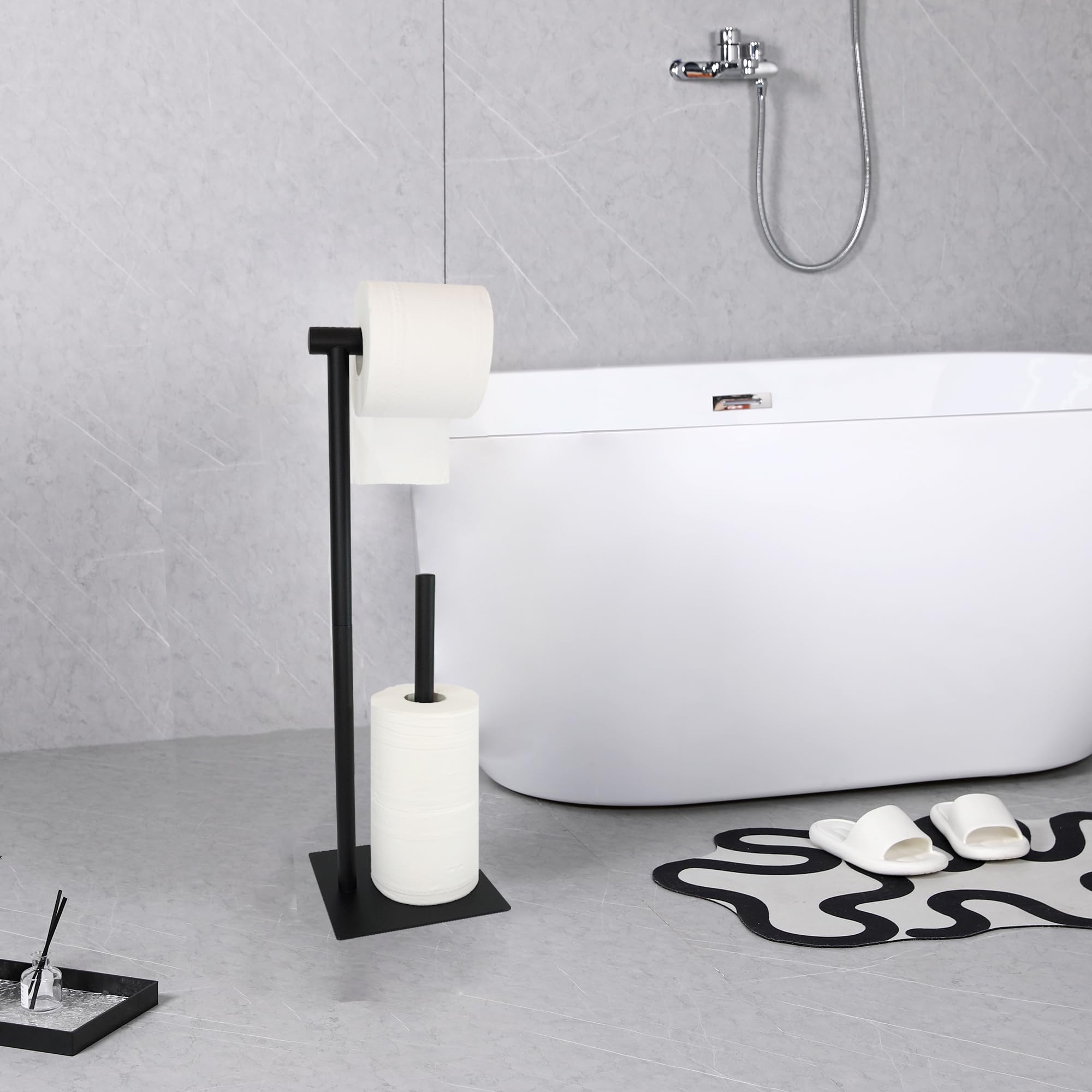 Toilet Paper Stand Black, Toilet Tissue Roll Holder Free Standing, Bath Toilet Paper Roll Standing Dispenser with Reserve, Toilet Tissue Organizer Stand with Heavy Base for Bathroom Washroom Lavatory