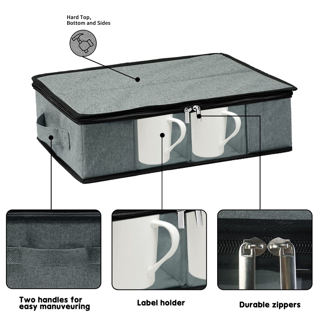 Boczif Coffee Cup Storage Box, Storage Containers Holds 12 Glassware, Coffee Mugs and Tea Cups, Padded Dinnerware Case with Dividers, Handles, Zipper & Lid, Stackable Holders for Plate, Cup, Flatware