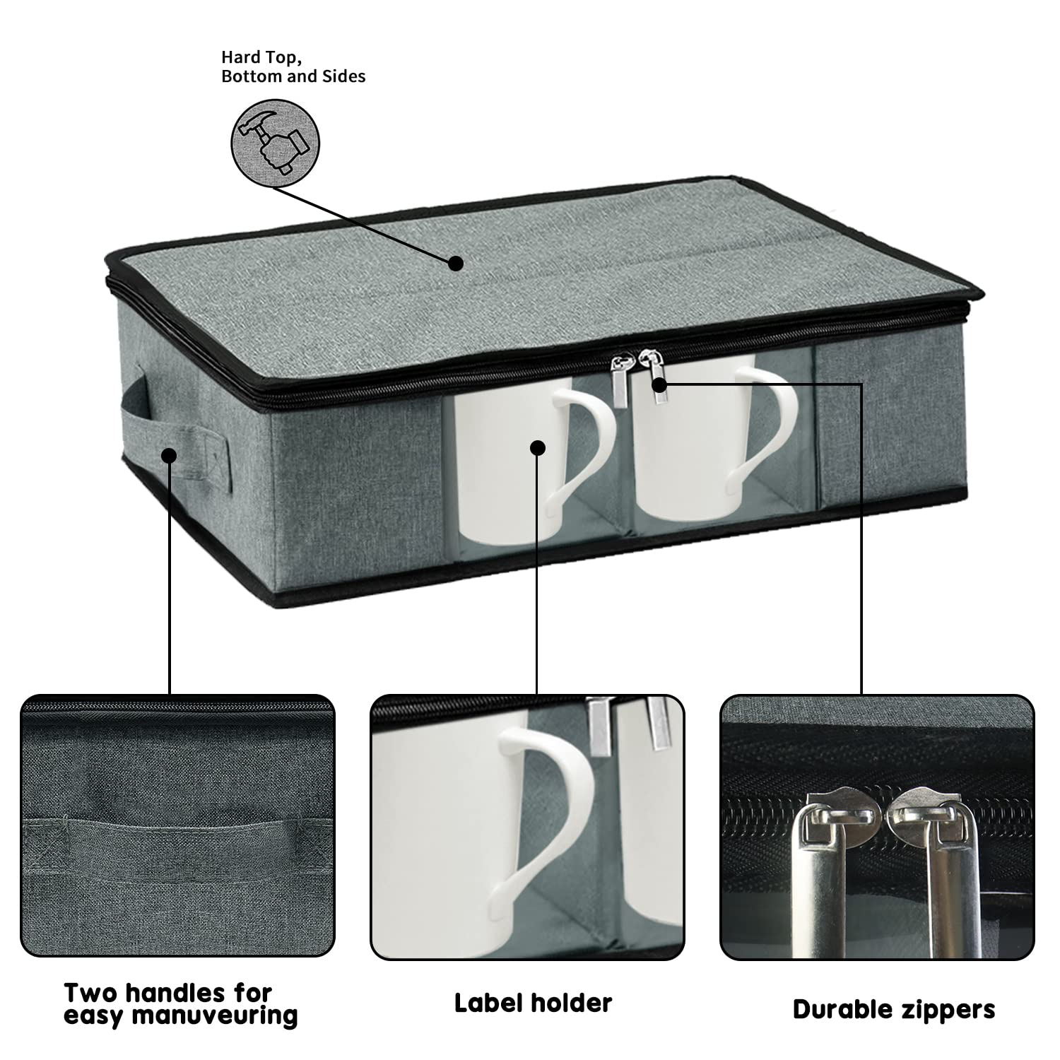 Boczif Coffee Cup Storage Box, Storage Containers Holds 12 Glassware, Coffee Mugs and Tea Cups, Padded Dinnerware Case with Dividers, Handles, Zipper & Lid, Stackable Holders for Plate, Cup, Flatware