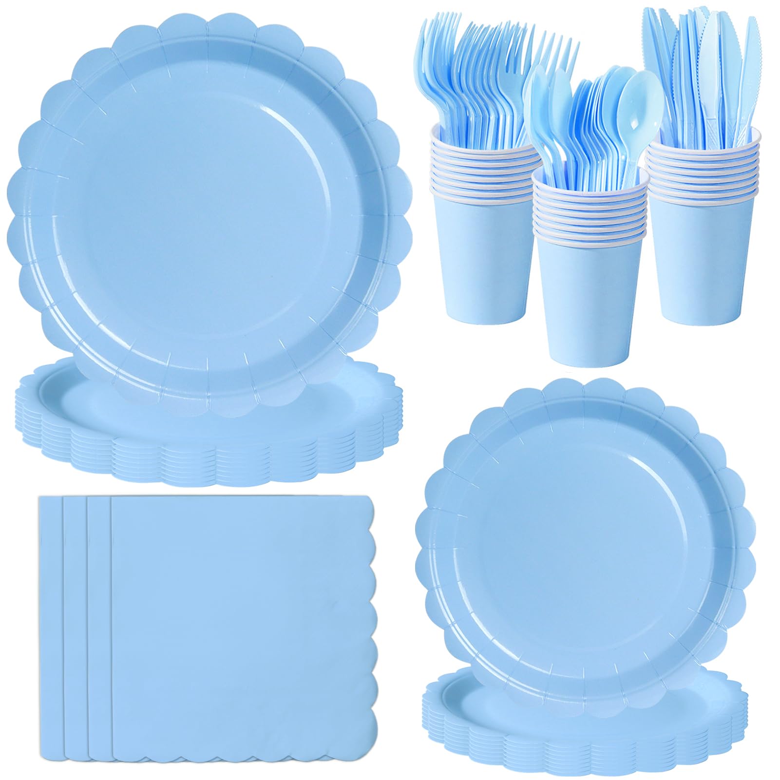 PYAILI 168 Pcs Baby Blue Party Tableware Set, Paper Plates Cups Napkins, Dinnerware Set for Kids Adult Birthday,Wedding,Baby Shower Party Tableware