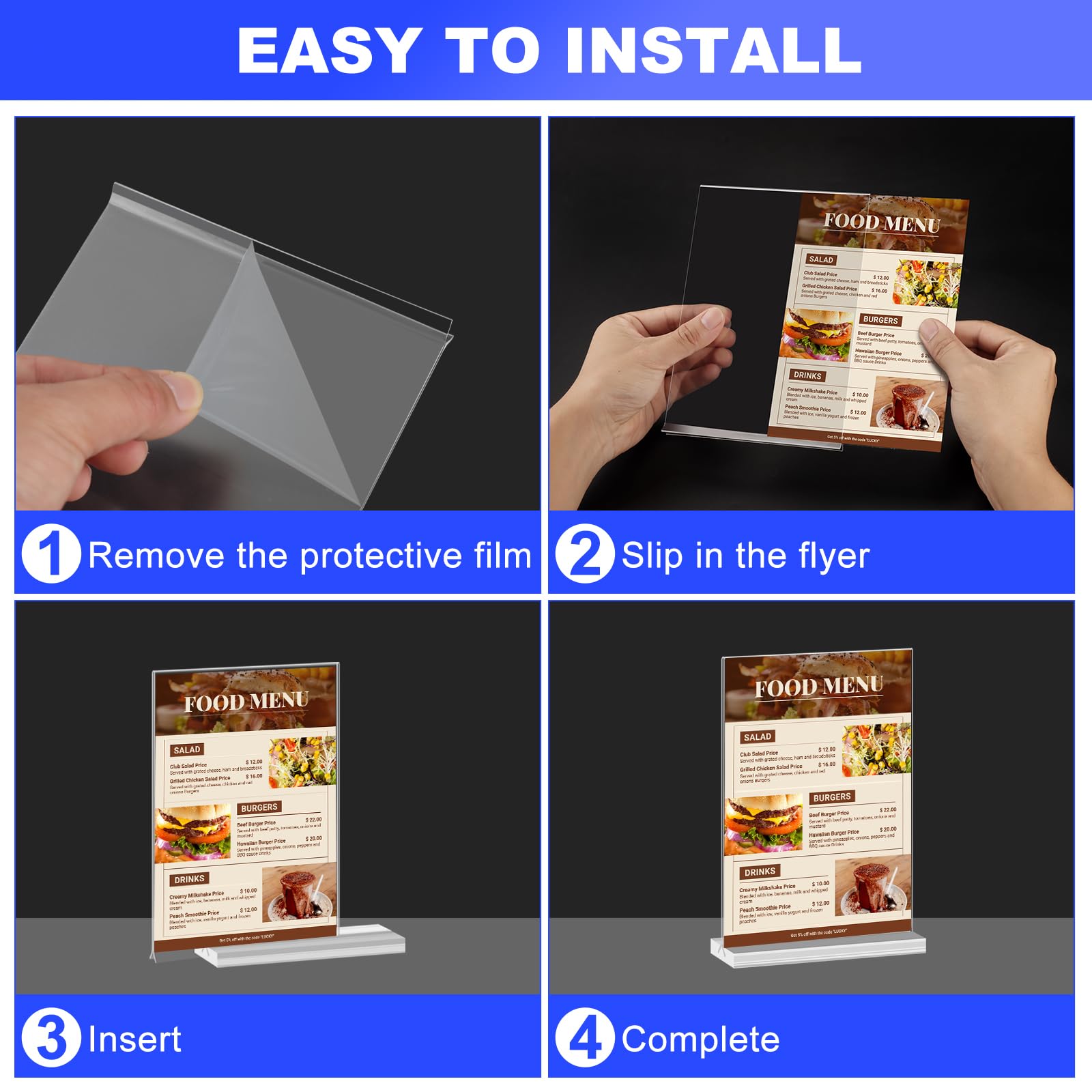 Acrylic Sign Holder 5x7 Inches 6 Packs, Double Sided Display Stand, Table Top Paper Holder, Vertical Menu Flyer Stand, Plastic Frame for Stores, Restaurants, Hotels, Office - Clear