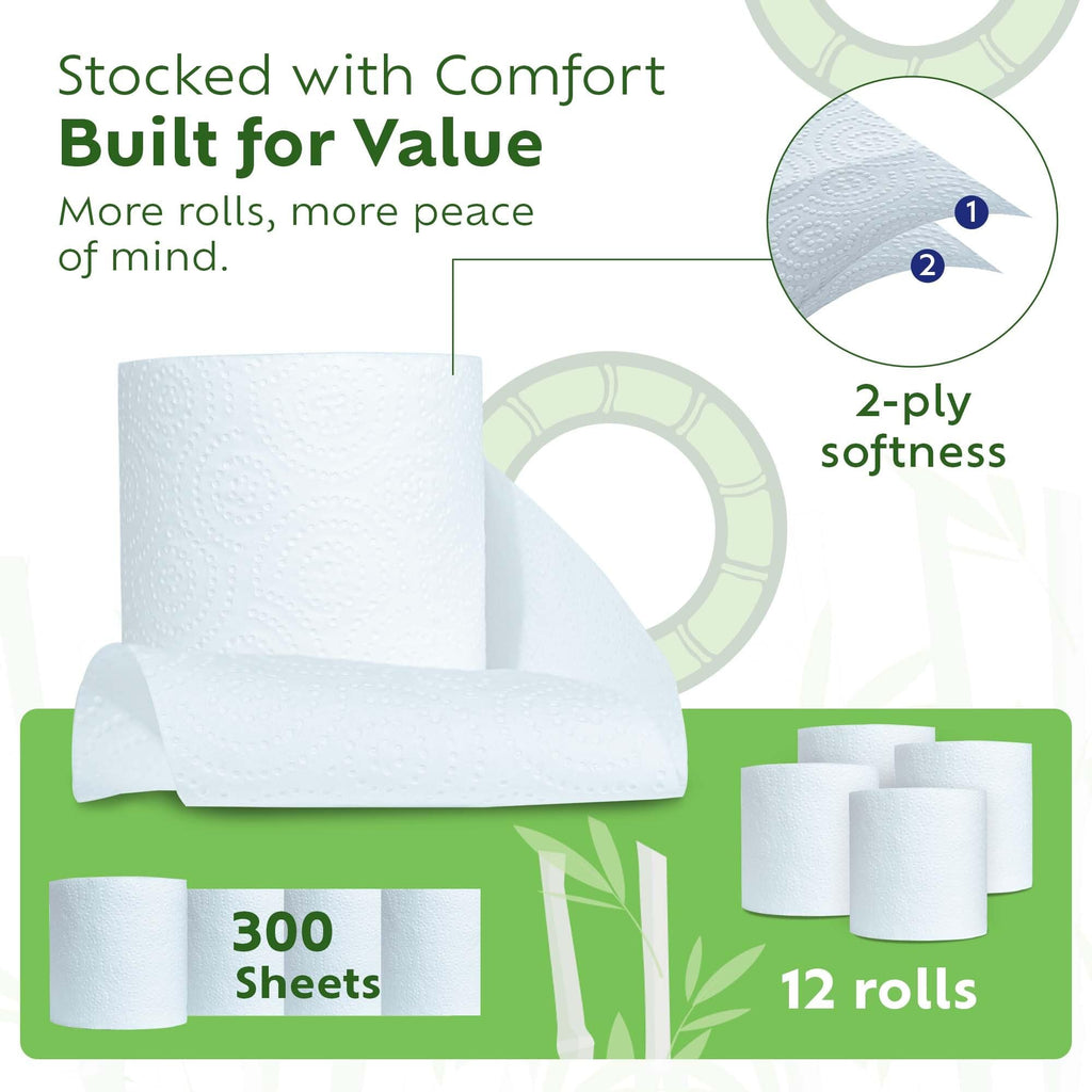 Bamboochi Bamboo Toilet Paper, Septic Safe Toilet Paper 2 Ply 12 Rolls 300 Sheets Per Roll, Soft Unscented Bath Tissue, RV Safe, Eco-Friendly, Non Chlorine, PFAS Free, Proudly Made in Canada