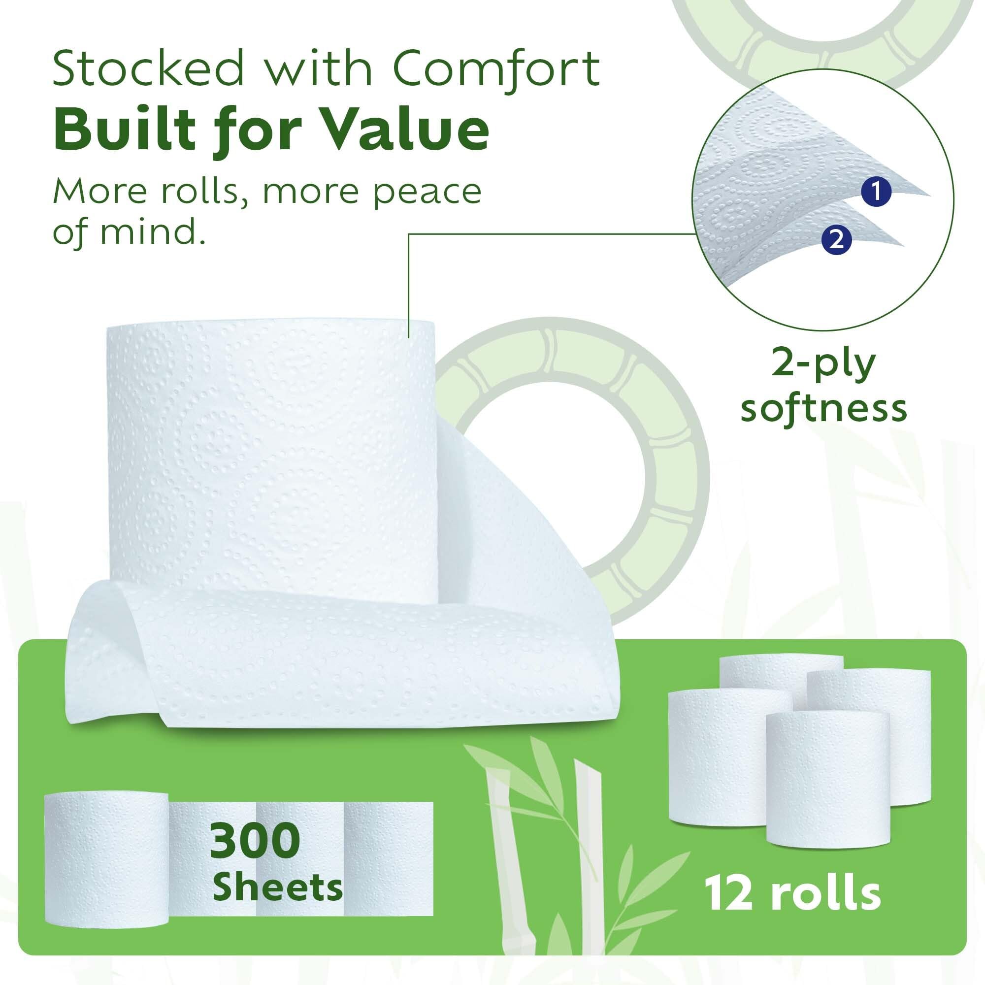 Bamboochi Bamboo Toilet Paper, Septic Safe Toilet Paper 2 Ply 12 Rolls 300 Sheets Per Roll, Soft Unscented Bath Tissue, RV Safe, Eco-Friendly, Non Chlorine, PFAS Free, Proudly Made in Canada