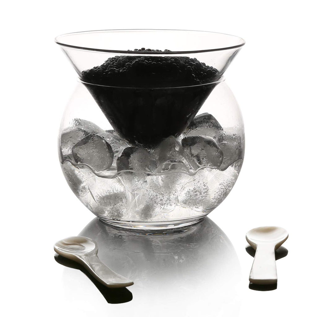 DUEBEL Glass Caviar Chiller Server Set Plus 2 pcs. x Mother of Pearl Caviar Spoon 3.15" - Universal Martini, Wine, Liquor Cocktail Chiller