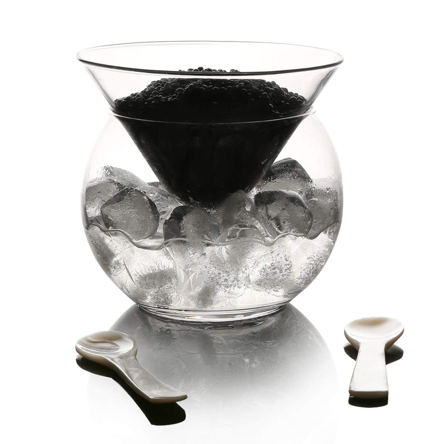 DUEBEL Glass Caviar Chiller Server Set Plus 2 pcs. x Mother of Pearl Caviar Spoon 3.15" - Universal Martini, Wine, Liquor Cocktail Chiller