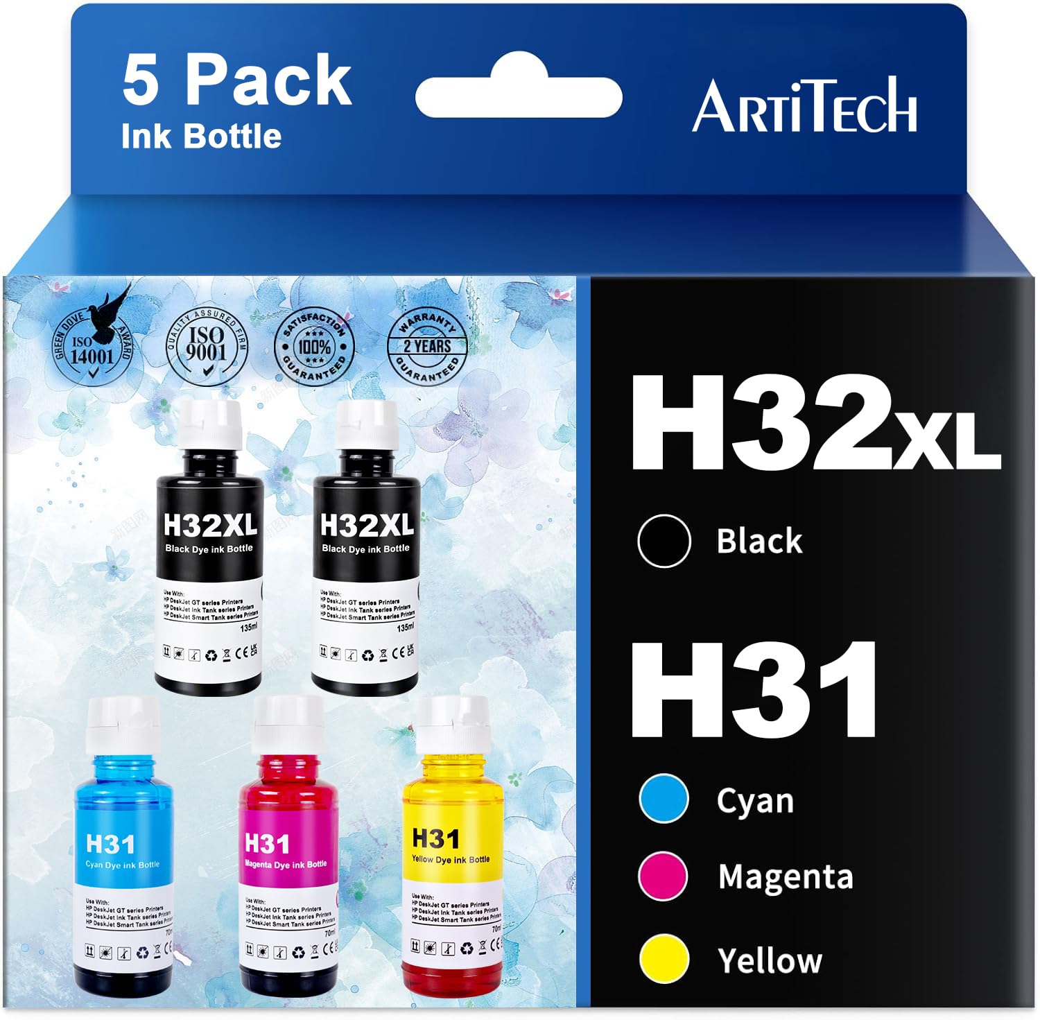 ARTITECH Refilled Ink Replacement for HP 31 Ink Bottle Set HP 32XL 32 XL Ink Work for HP Smart Tank 7301 7602 5101 6001 7001 5102 Plus 651 551 455 457 450 (2 Black, 3 Color)