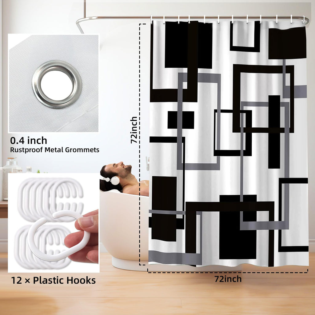 Black and White Shower Curtain, Black Grey Geometric Fabric Shower Curtain Set, Abstract Mid Century Modern Minimalist Waterproof Shower Curtain for Bathroom Decor, 72 x 72