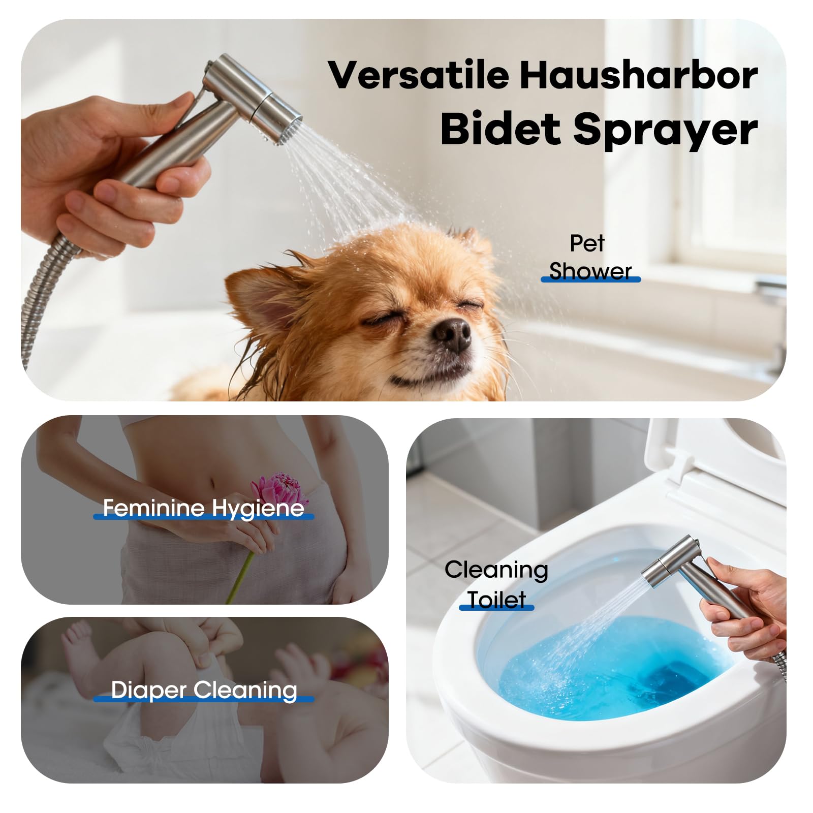 Handheld Bidet Sprayer Set for Toilet Stainless Steel Brushed Nickel Full Pressure & Stainless Steel & Leakproof with Hose Great Water Pressure for Bathing Pets, Personal Hygiene